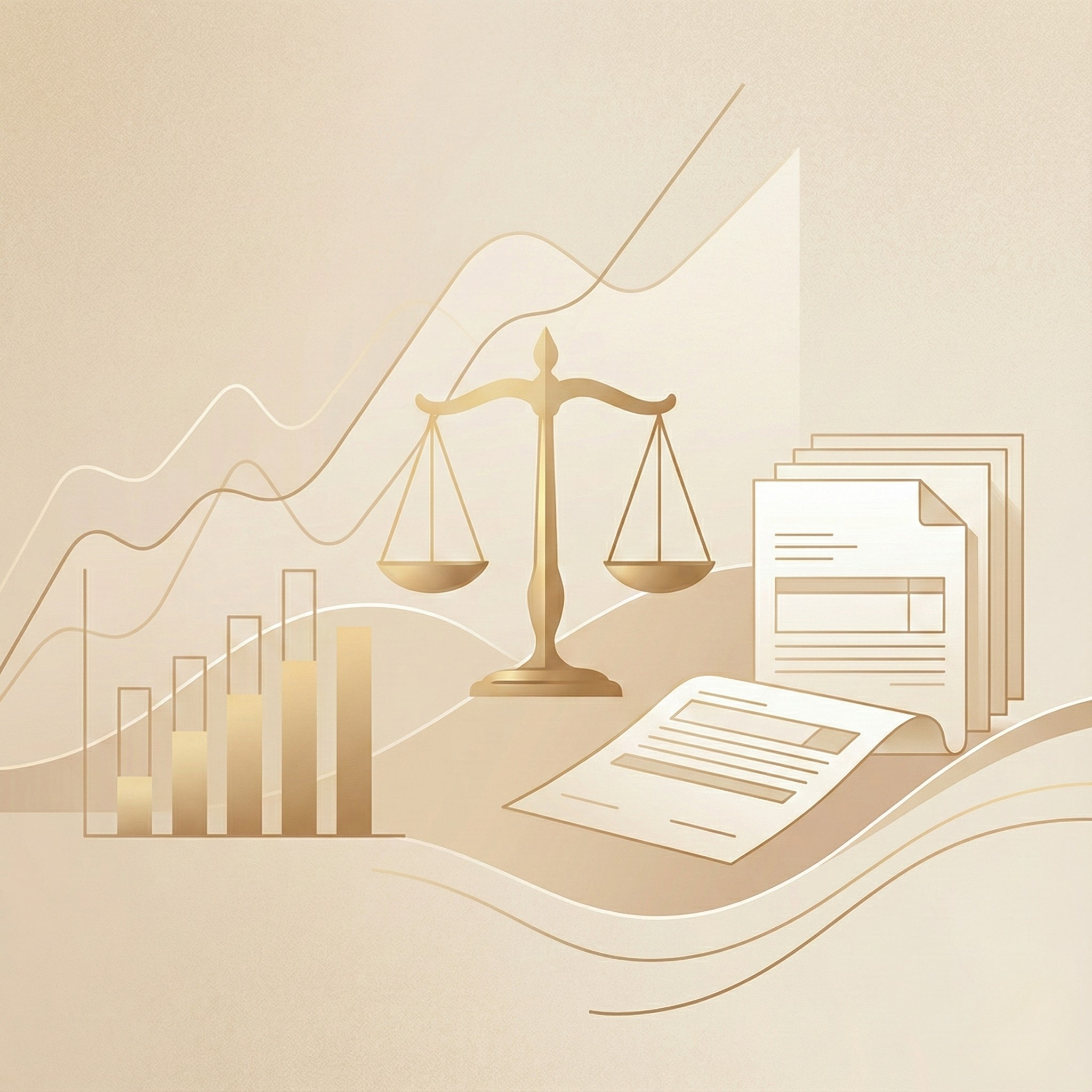 Escalas de justicia, documentos y gráficos en un fondo de líneas y curvas de color beige.
