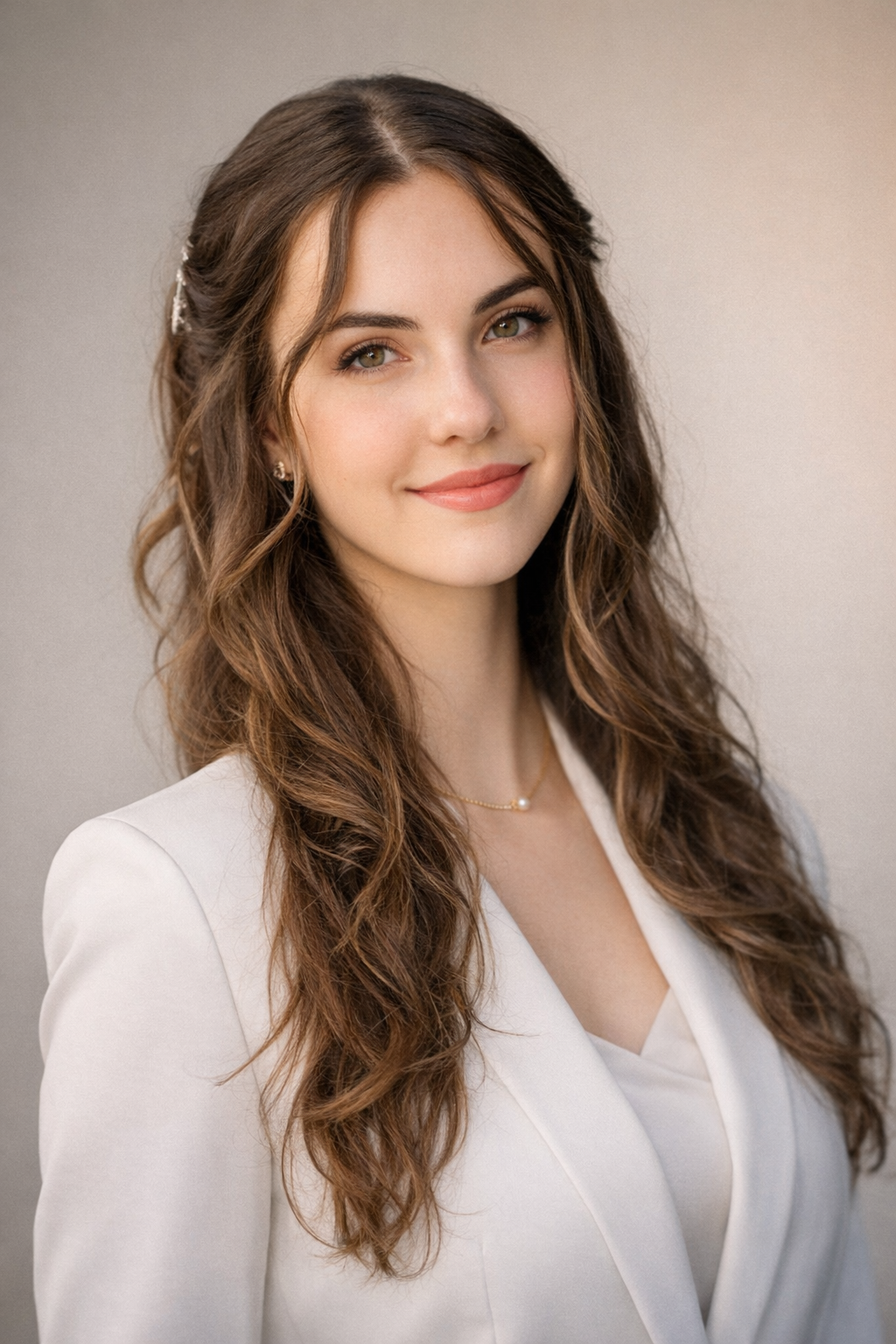 A woman smiling and holding a coffee cup and a folder inside a modern office space.