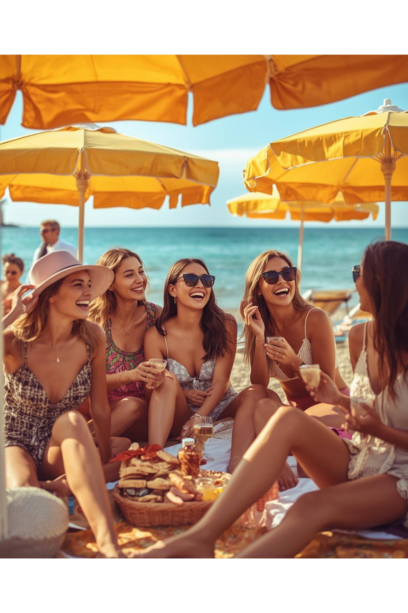 A group of women enjoying a beach picnic under yellow umbrellas, sitting on a blanket with snacks and drinks, smiling and having fun by the ocean.