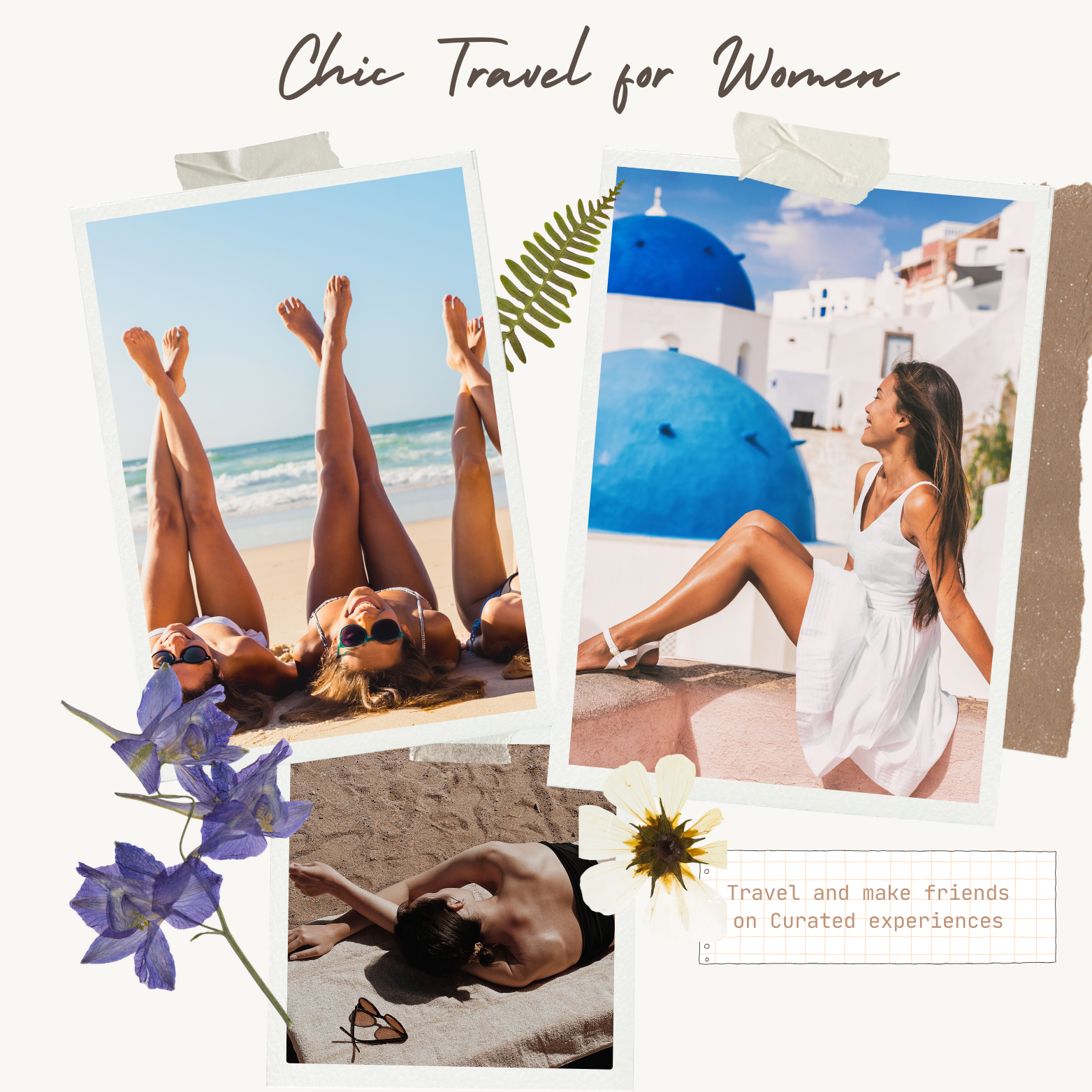 chic travel women collage with three girls on beach, girl in greece and a lady soaking sun on beach