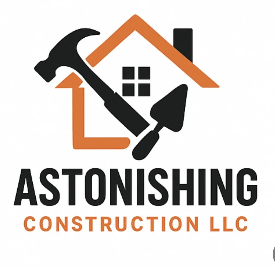 Logo for Astonishing Construction LLC, featuring a house outline with a hammer and trowel crossed over it. The house outline is orange and black, with a window showing four panes. The company name is written below, with "ASTONISHING" in black and "CONSTRUCTION LLC" in orange.