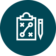 Icon of a clipboard with a strategic plan or game plan diagram and a pencil