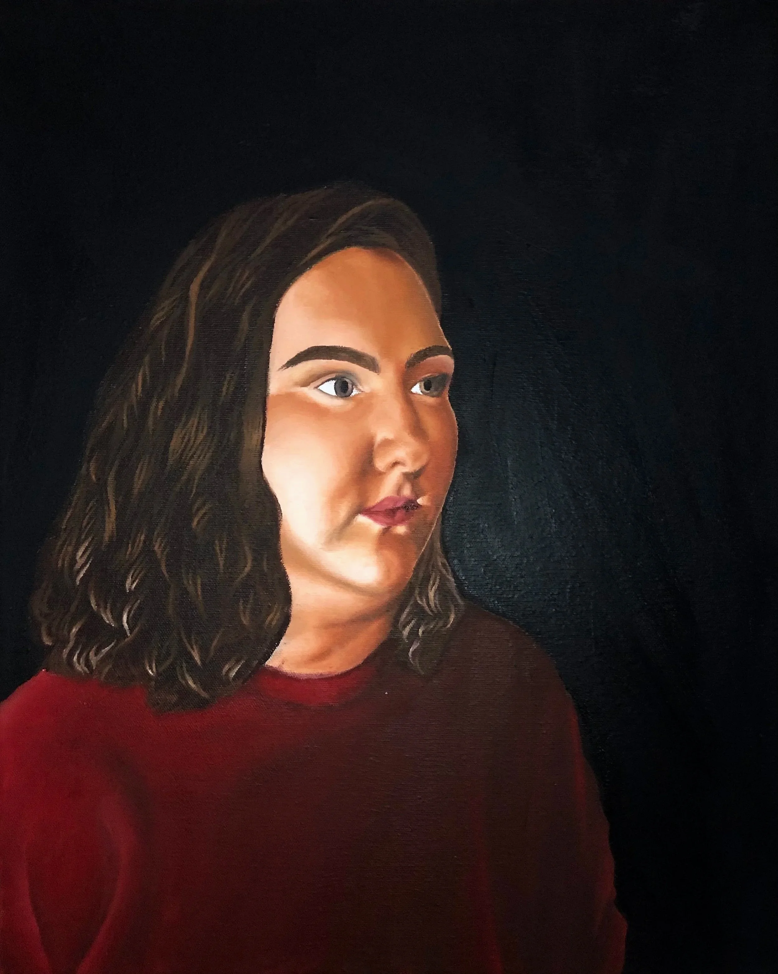 A painting of a woman with wavy brown hair, wearing a red top, set against a dark background.