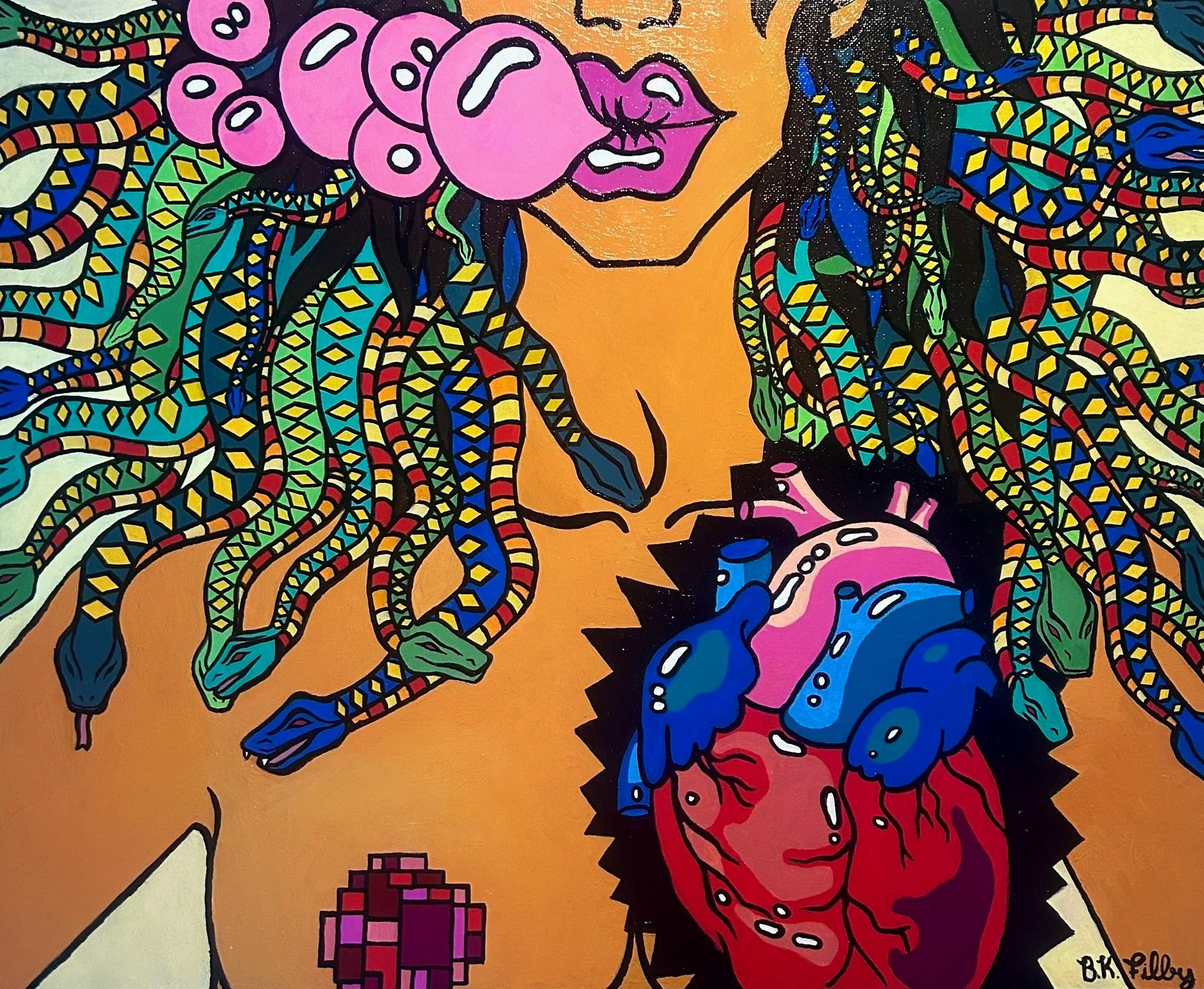 A colorful pop art style illustration of a woman with snakes as hair, which are highly detailed with geometric patterns in bright colors. The woman is holding a pink bubblegum in her mouth and has blonde hair. There is a large, detailed, anatomically-style heart with vibrant colors near her shoulder. The background is a plain orange color.