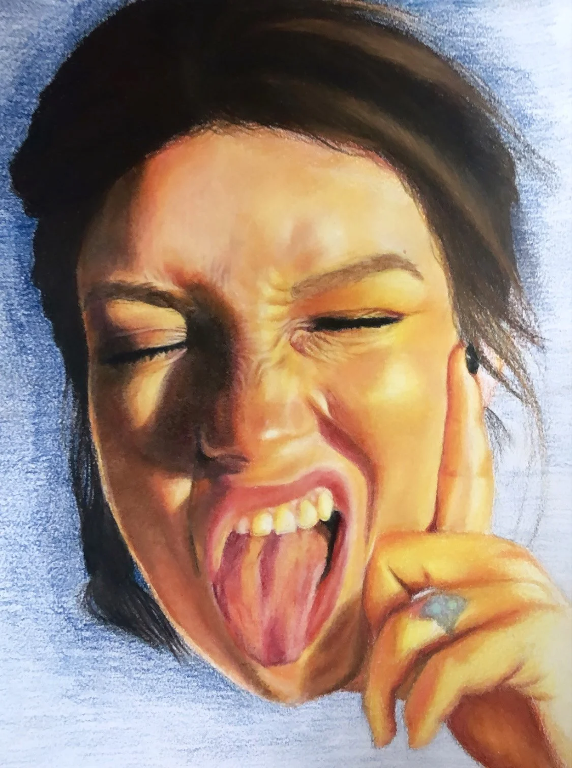 Colorful painting of a woman with short dark hair, her eyes closed, sticking out her tongue, and holding her finger to her head with a tattoo on her finger.