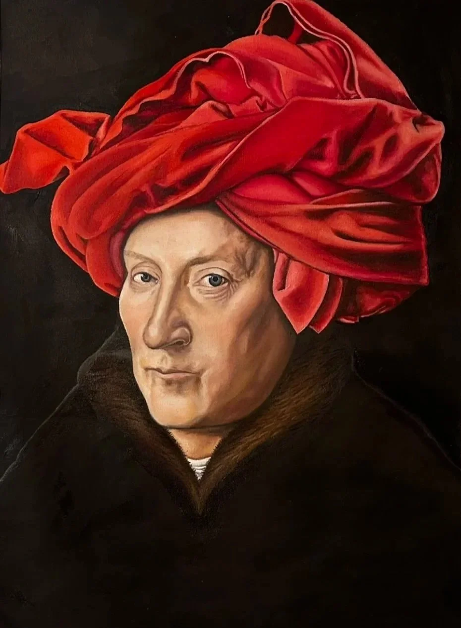 A painted portrait of an older woman with light skin, wearing a large red headscarf and a dark coat with a collar.