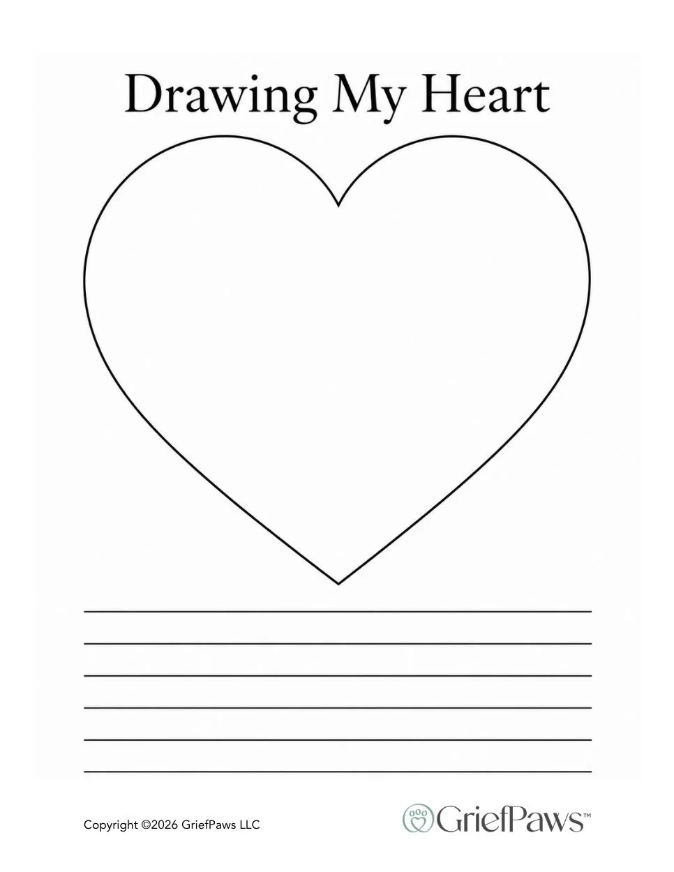 drawing heart worksheet with GriefPaws logo