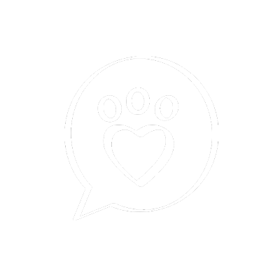 A white paw print inside a speech bubble with a heart shape at the bottom, on a black background.