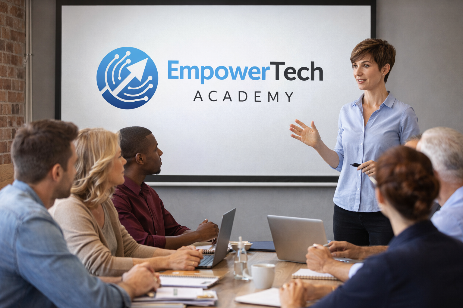 A woman standing and giving a presentation to a group of six people seated at a table with laptops and notebooks in a conference room with a large screen displaying 'EmpowerTech Academy' logo.