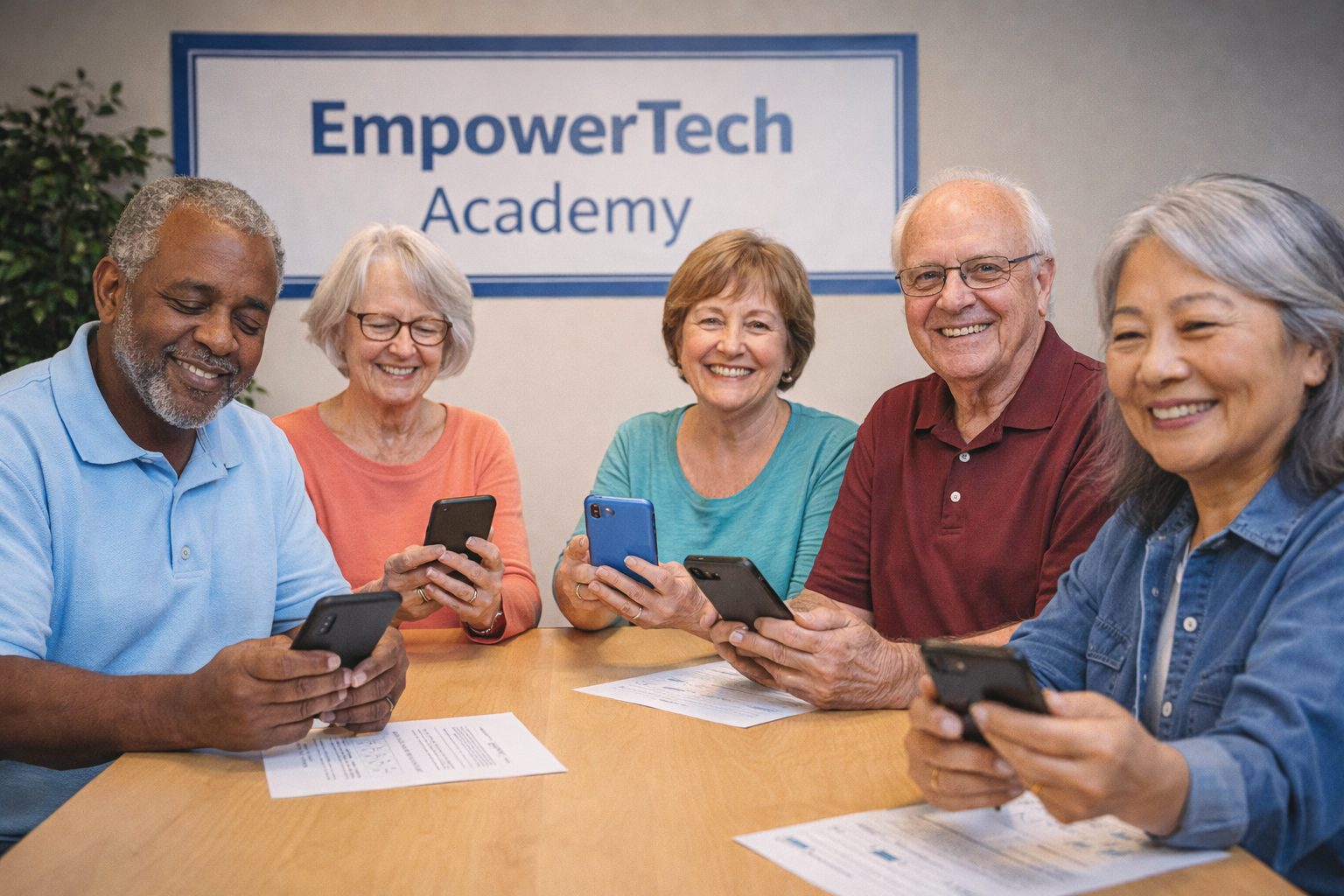 Group of six diverse seniors sitting around a table at EmpowerTech Academy, smiling and using smartphones, with a sign in the background that reads EmpowerTech Academy.