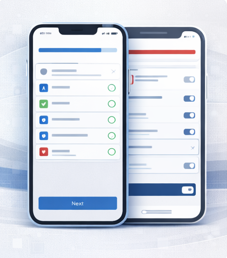Two smartphones showing a side-by-side comparison of a task management app, with checkmarks and toggles for completion status.