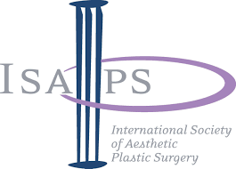 Logo der International Society of Aesthetic Plastic Surgery (ISAPS) mit stilisierten blauen Säulen und Schriftzug.