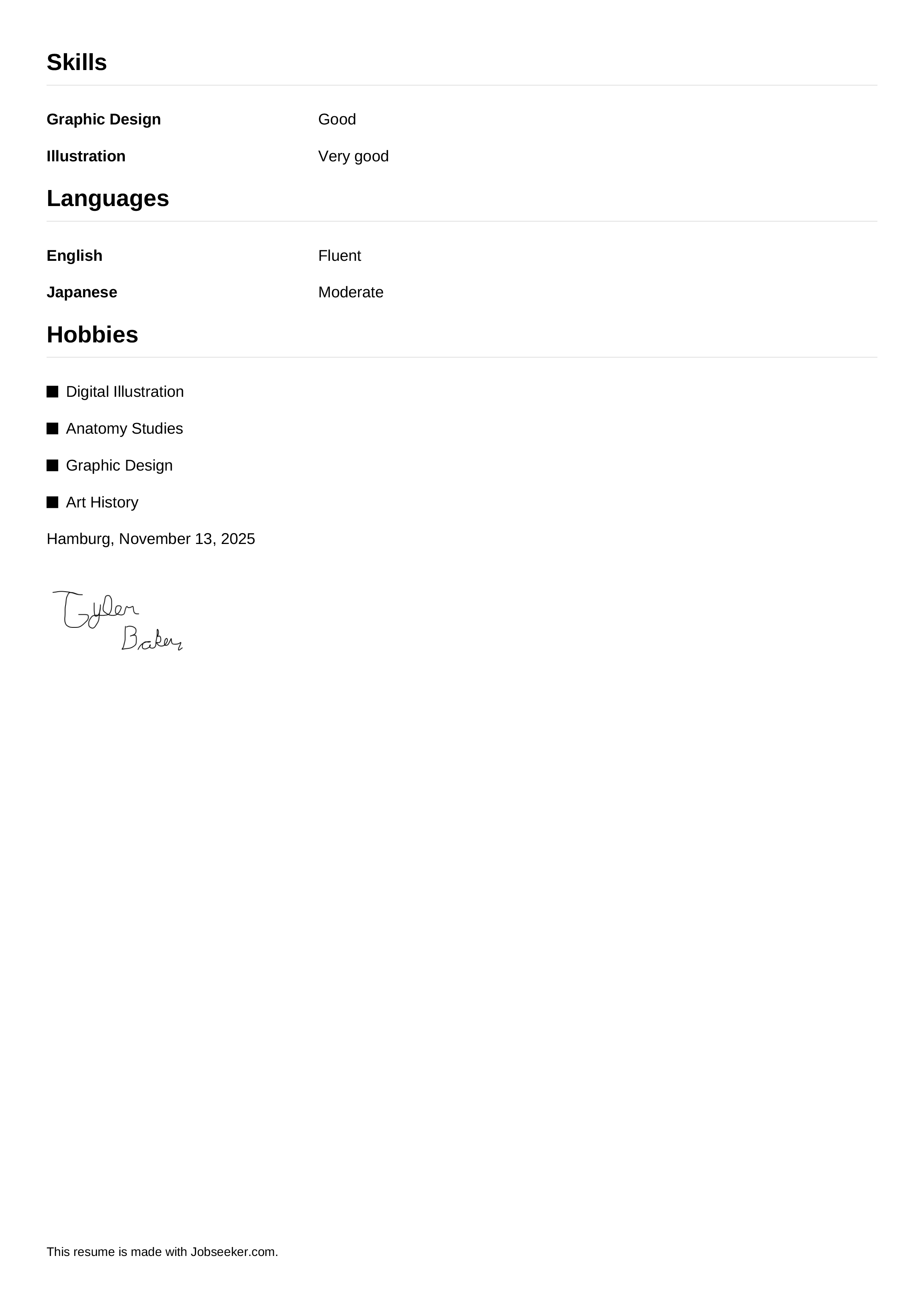 A resume displaying skills, languages, hobbies, date, and signature at the bottom.