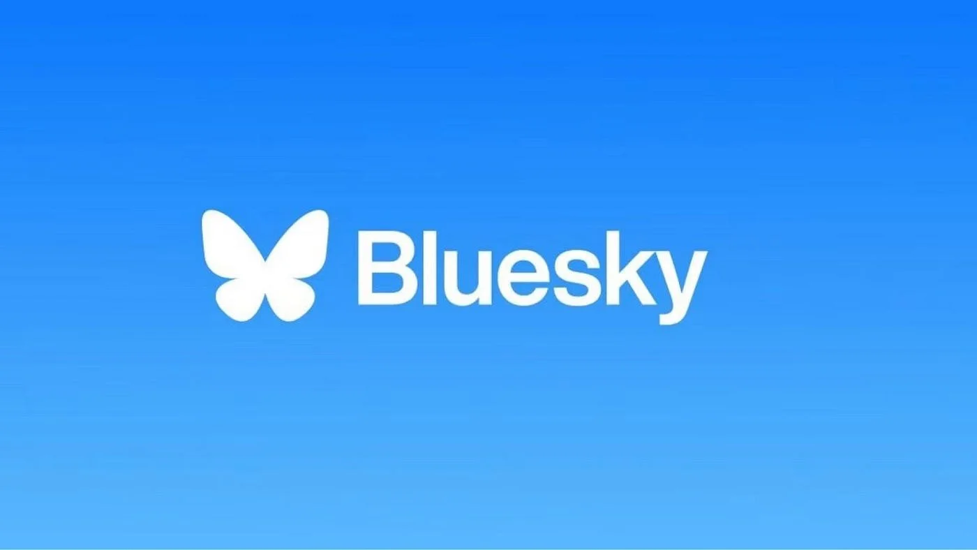 Blue background with a white butterfly logo and the word 'Bluesky' written in white.