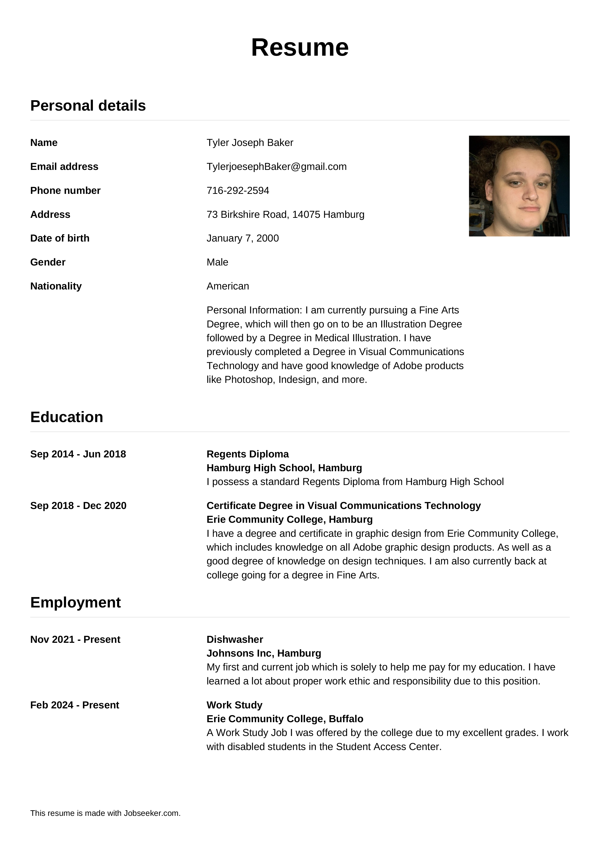 A resume document for Tyler Joseph Baker, displaying personal details, education, and employment history, with a photo of a young man with light skin, curly hair, and a slight smile.