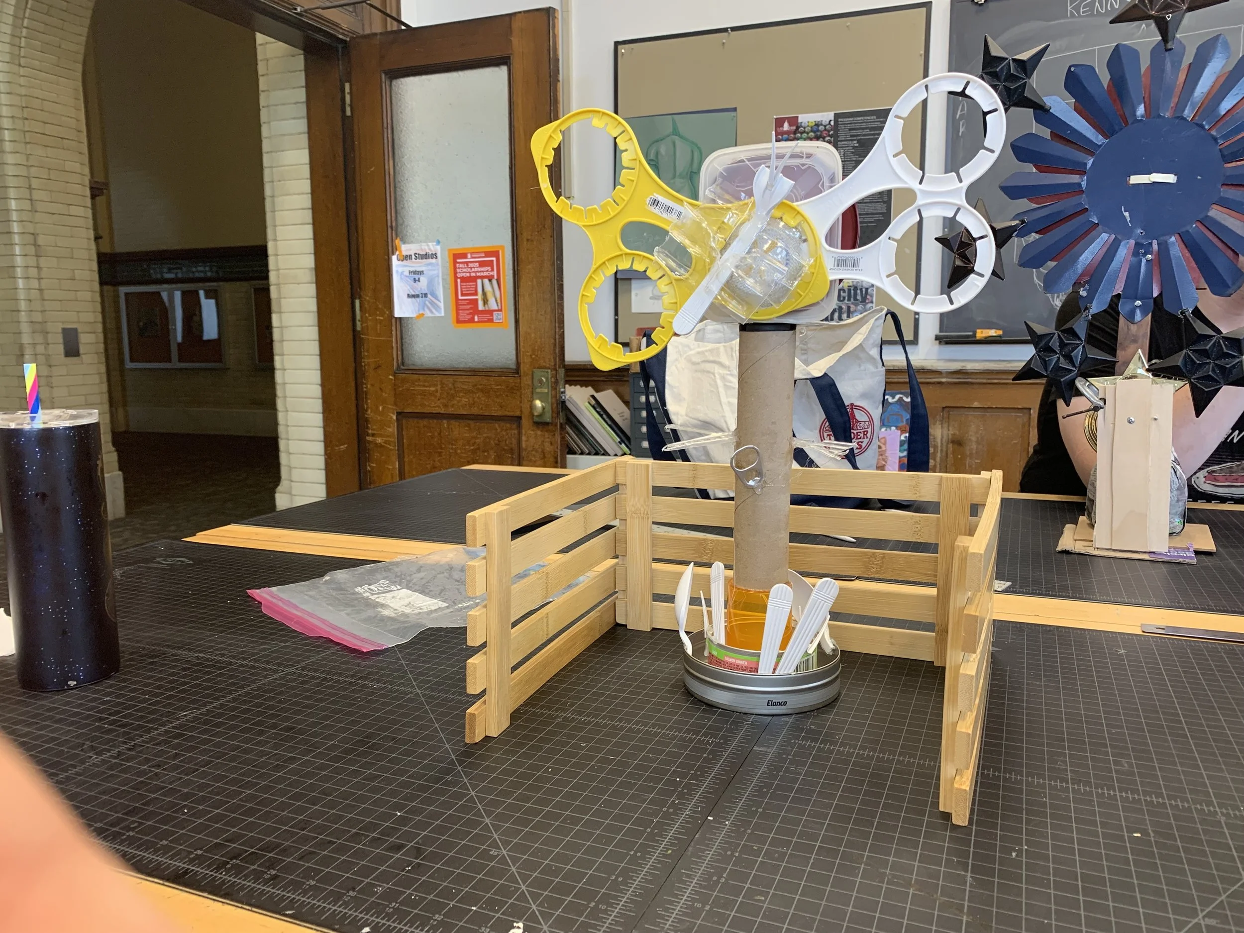 3d sculpture made of scrap items for my 3d Design class at Erie Community College