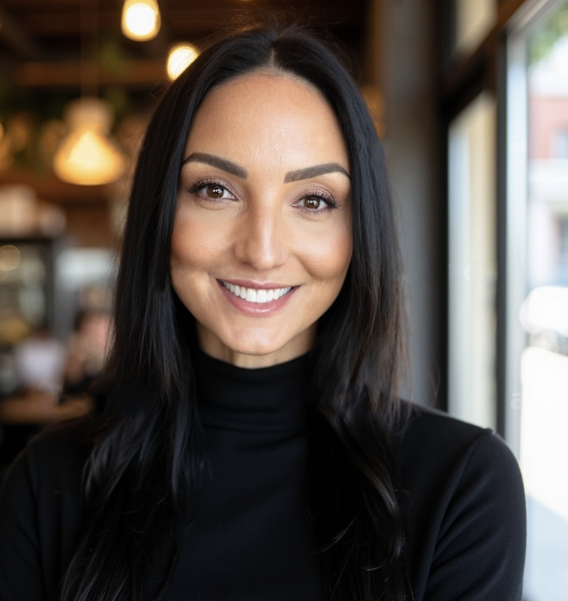 A woman smiling in a cafe with dark hair, wearing a black turtleneck, and natural makeup, with warm lighting and blurred background.