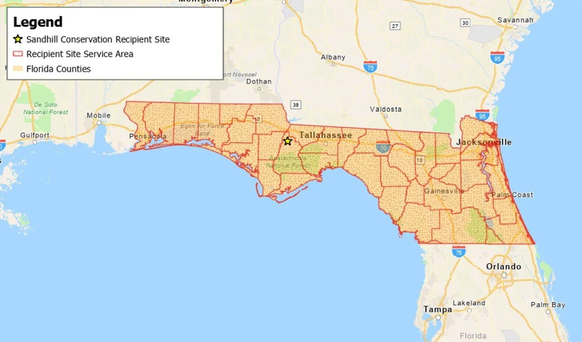 Map of Florida highlighting counties with a legend indicating Sandhill Conservation Recipient Site marked with a star, Recipient Site Service Area outlined in red, and Florida counties shaded in yellow.