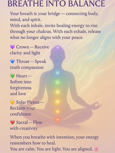 A diagram of a person meditating with chakra points highlighted along the spine, each associated with a specific color and affirmation for balance and healing.