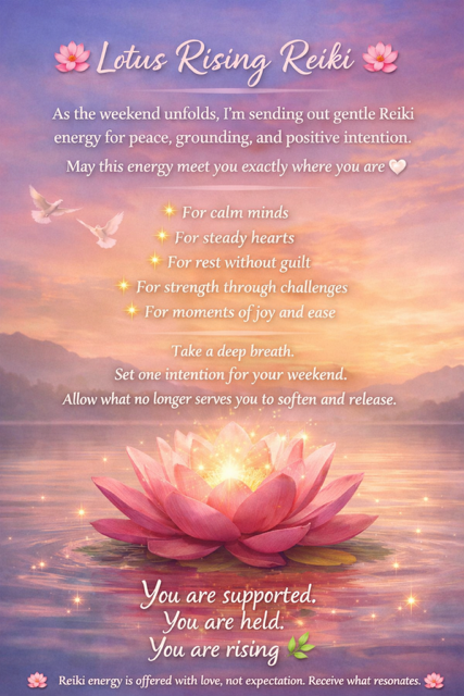 Background of a sunset with pink and purple tones over water, with floating doves and a pink lotus flower emitting light at the bottom. Text overlay with a message about Reiki energy and relaxation.