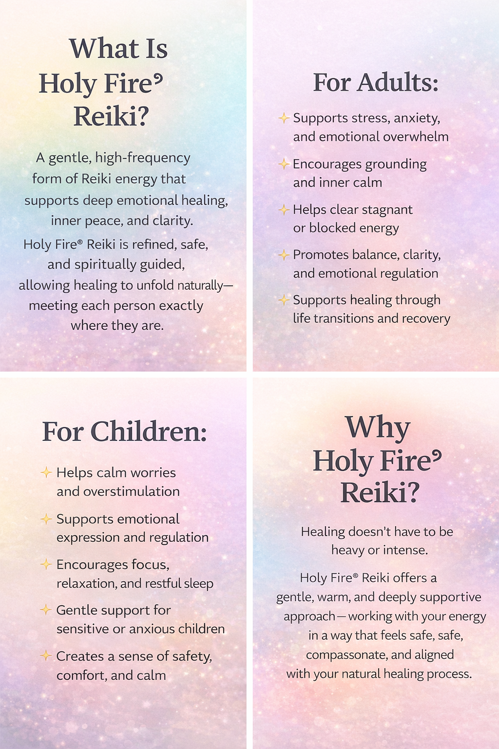 An informational infographic about Holy Fire Reiki, explaining its benefits for adults and children, and why to choose Holy Fire Reiki.