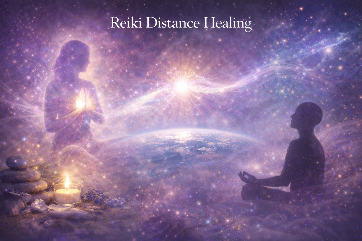 Silhouettes of a woman with hands in prayer and a child sitting cross-legged meditating, surrounded by a cosmic scene with stars, Earth, and a bright light, with the words 'Reiki Distance Healing' at the top.