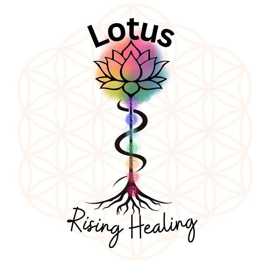 A colorful illustration of a lotus flower at the top of a caduceus with roots at the bottom, featuring the seven chakras along the spine, and the words "Lotus" at the top and "Rising Healing" at the bottom.