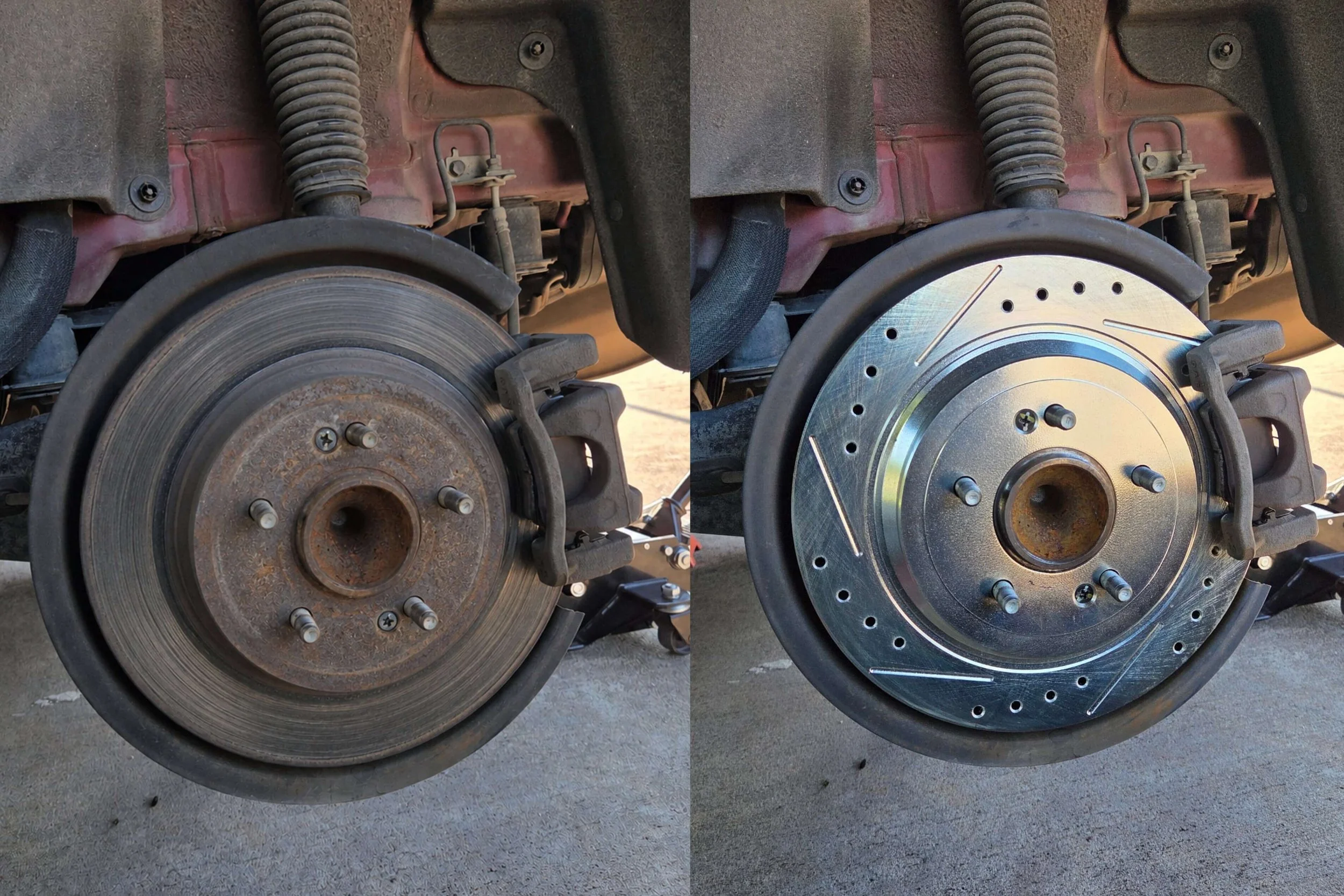 Before and after brake rotor and pad replacement completed during brake repair in Plano, Texas