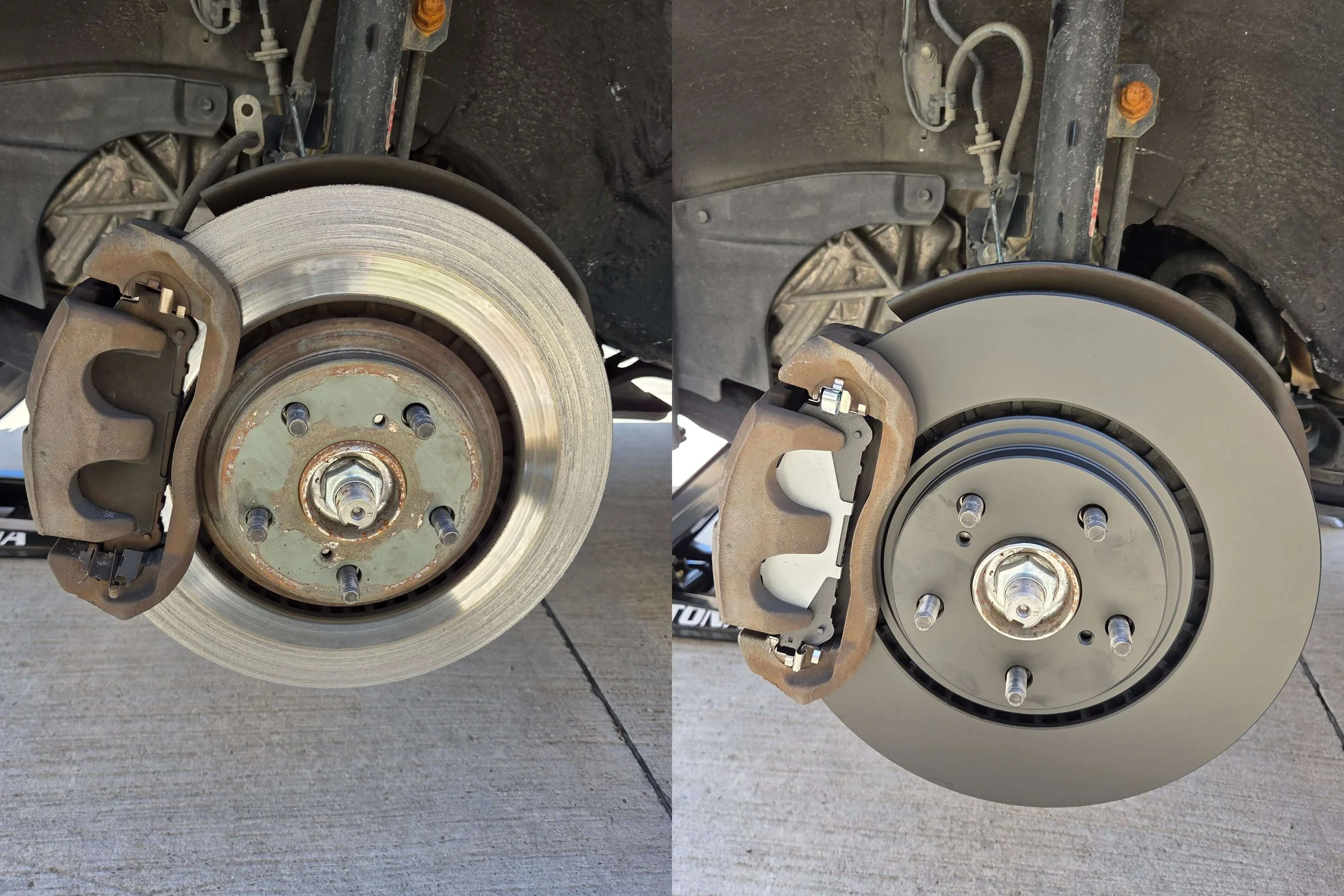 Before and after mobile brake pad and rotor service in McKinney, Texas