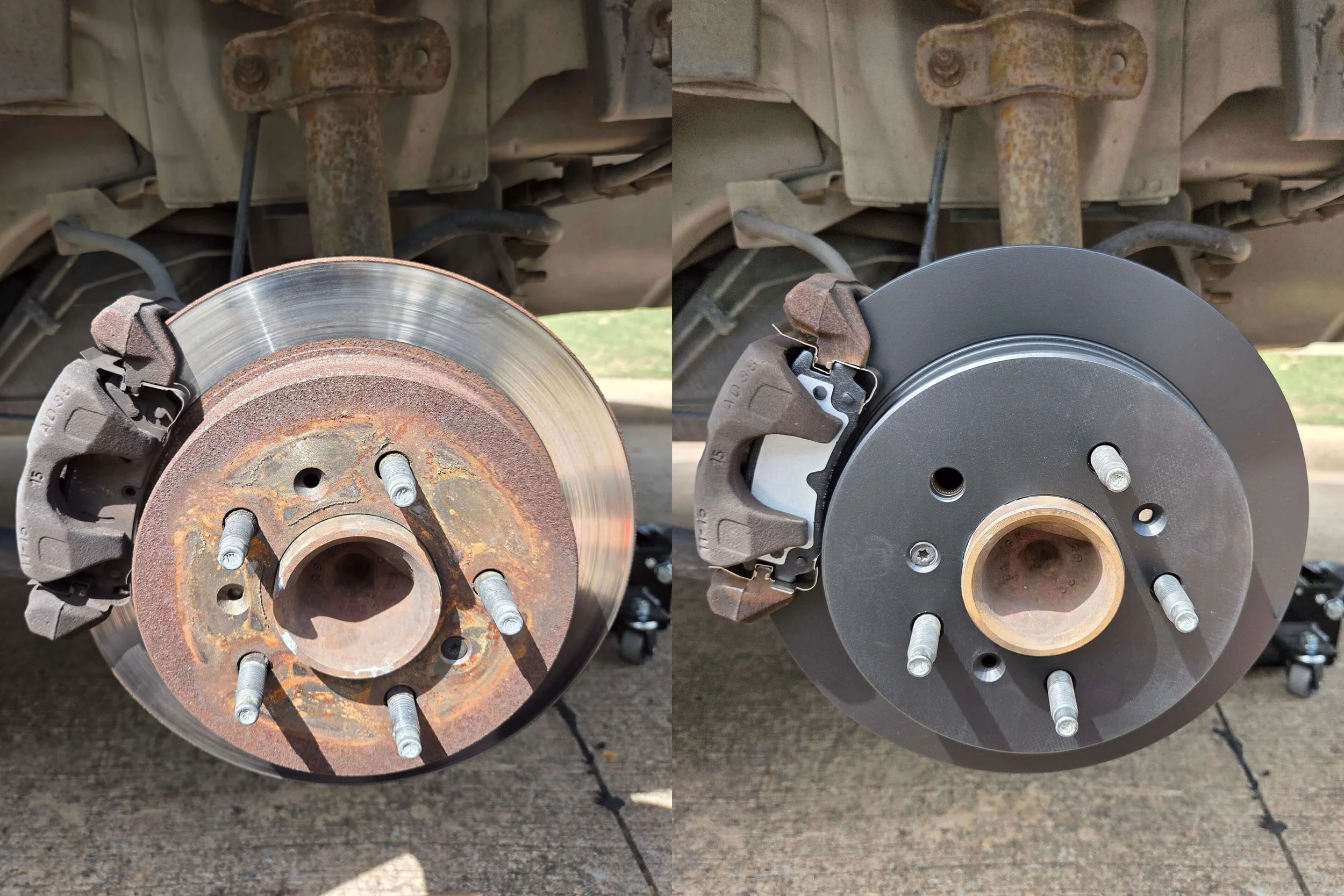 Before and after brake rotor and pad replacement completed during brake repair in Allen, Texas
