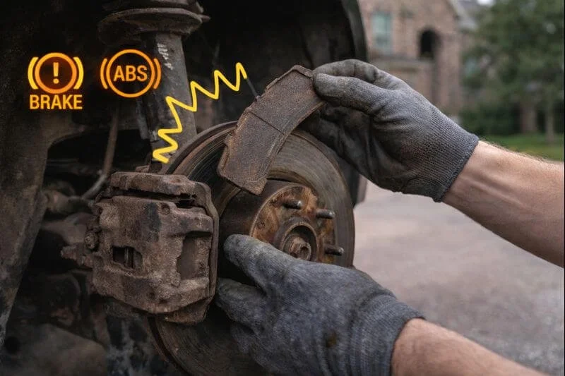 Mechanic inspecting worn brake pads during a brake repair evaluation in Collin County, TX.
