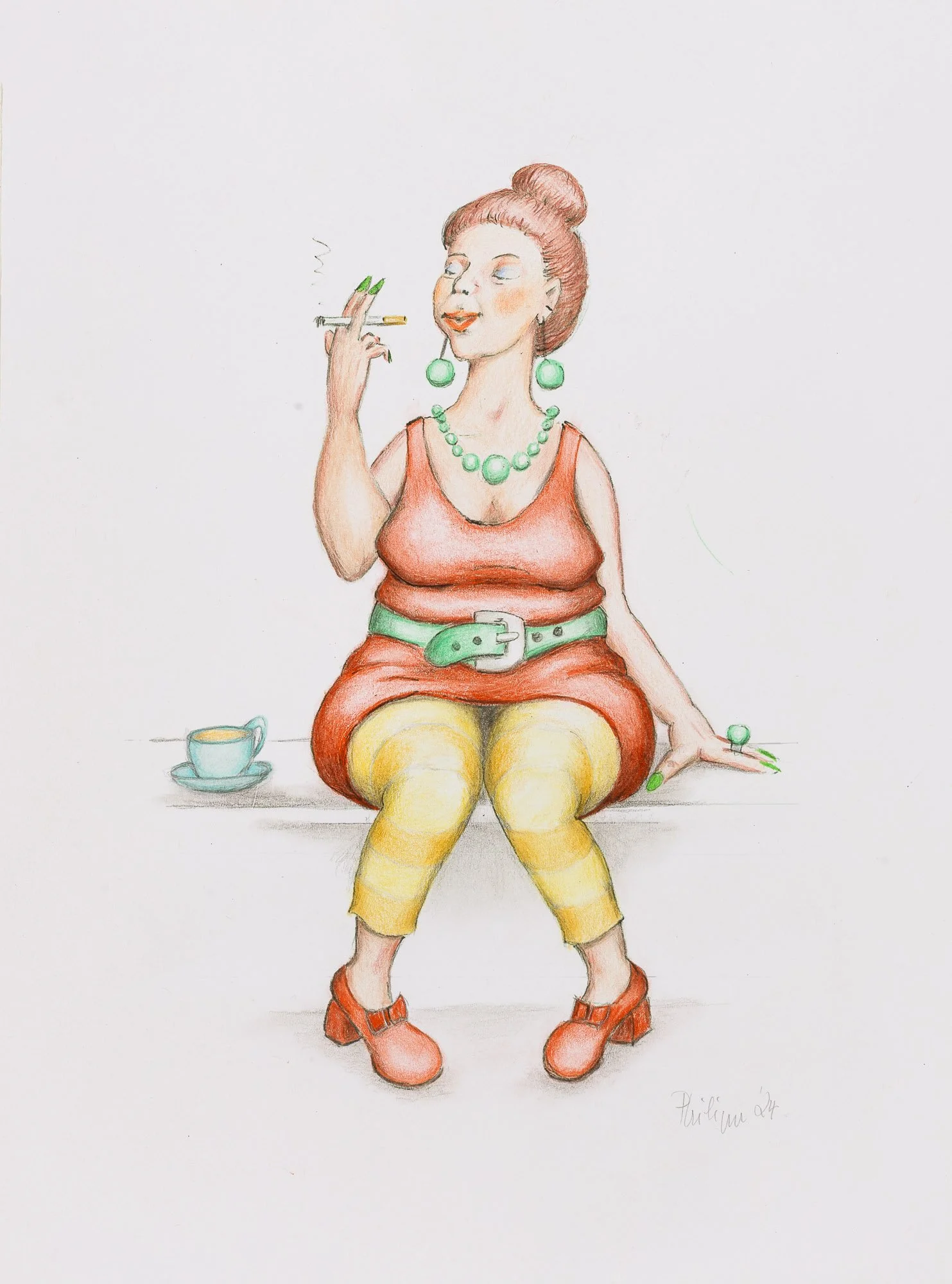 Zeichnung einer lachenden Frau mit roten Haaren im Dutt, die eine Zigarette hält, in bunten Kleidern und Accessoires, im Stil eines humorvollen Cartoons.
