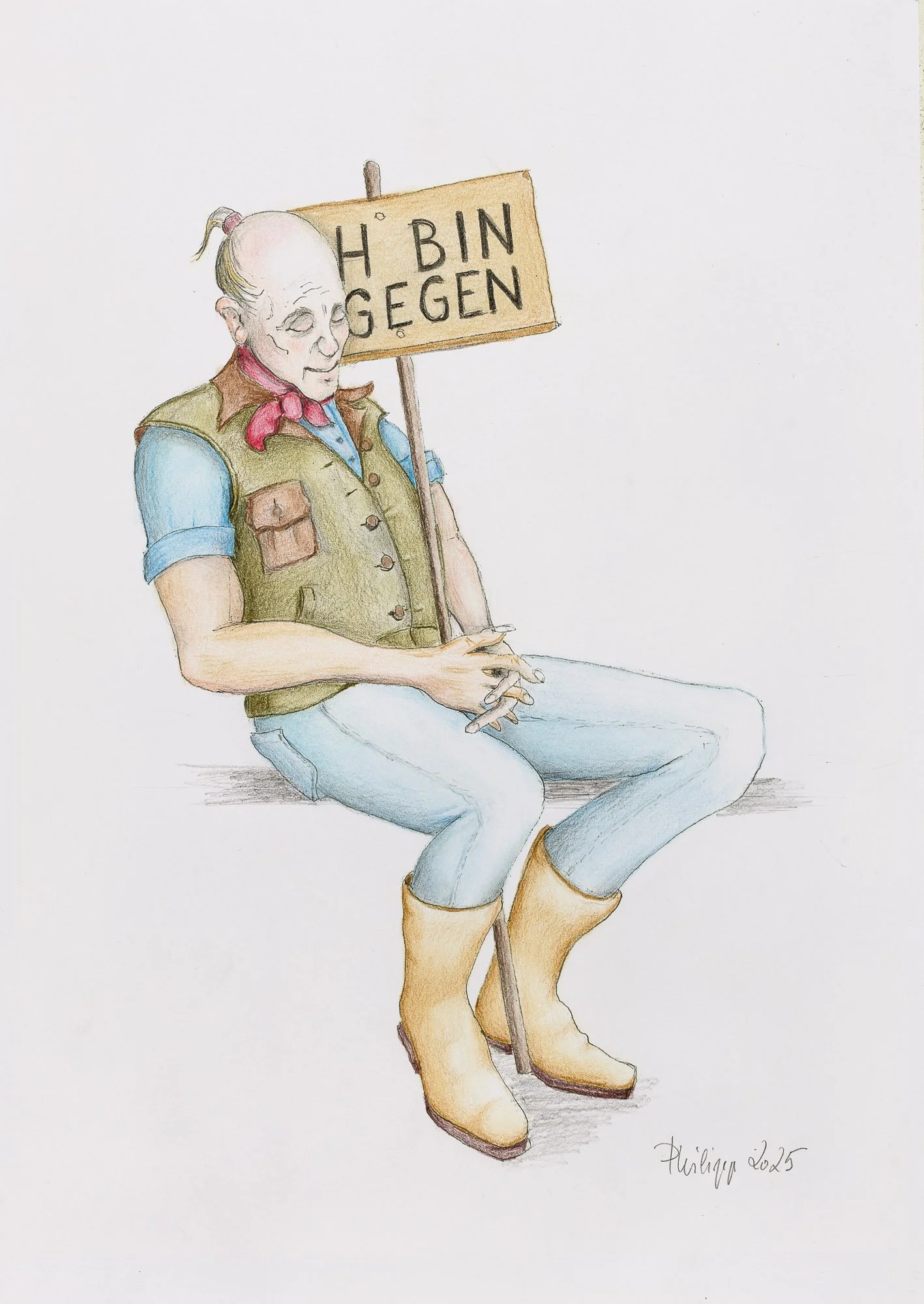 Zeichnung einer älteren Frau mit Zopf, die auf einer Bank sitzt und ein Schild hält, auf dem steht 'H Bin Gegen', sie trägt gelbe Stiefel, blaue Jeans, ein Tanktop und eine Weste.
