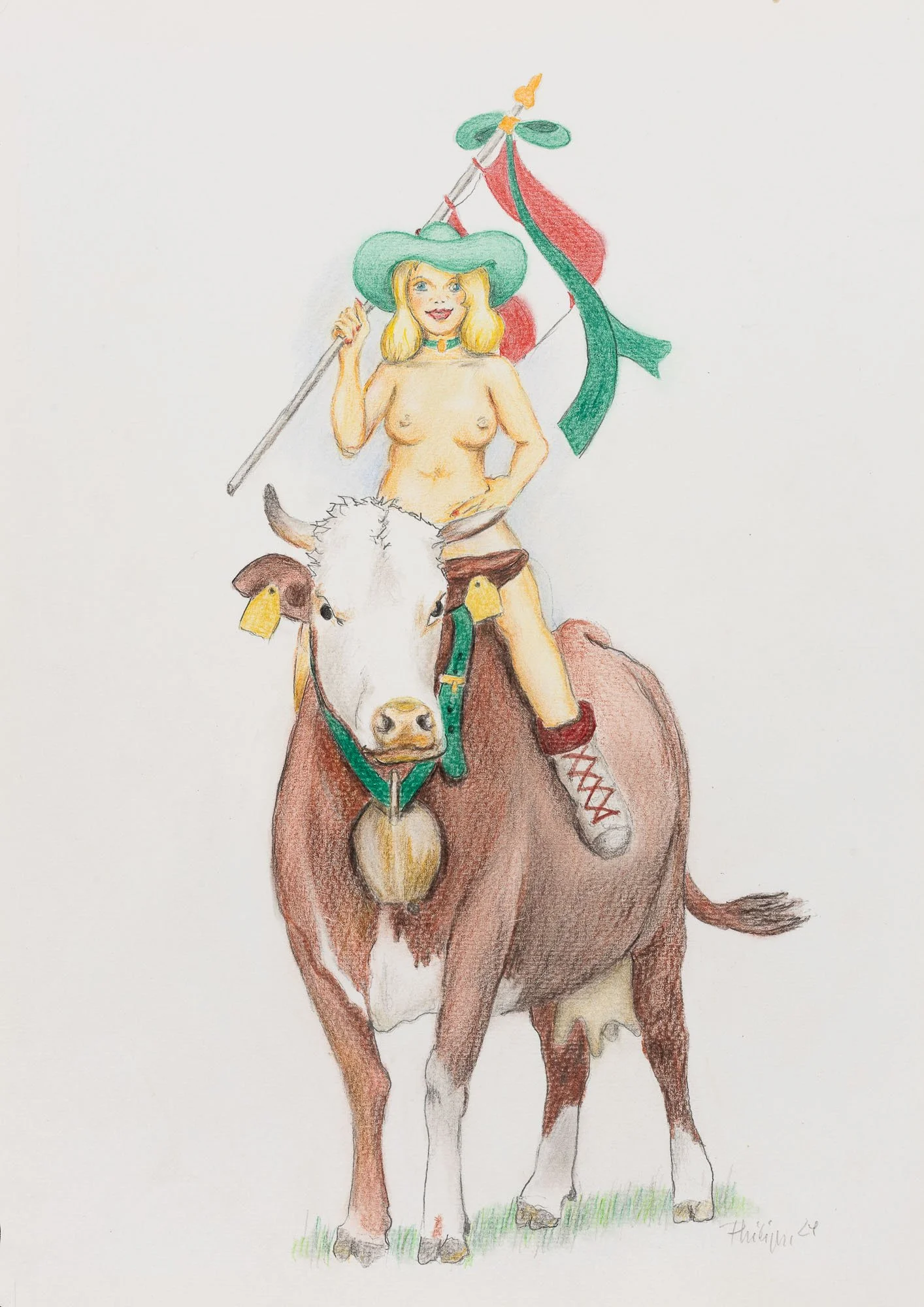 Zeichnung einer nackten Frau mit Sommerhut, auf einem Büffel reitend, mit Flagge in der Hand.