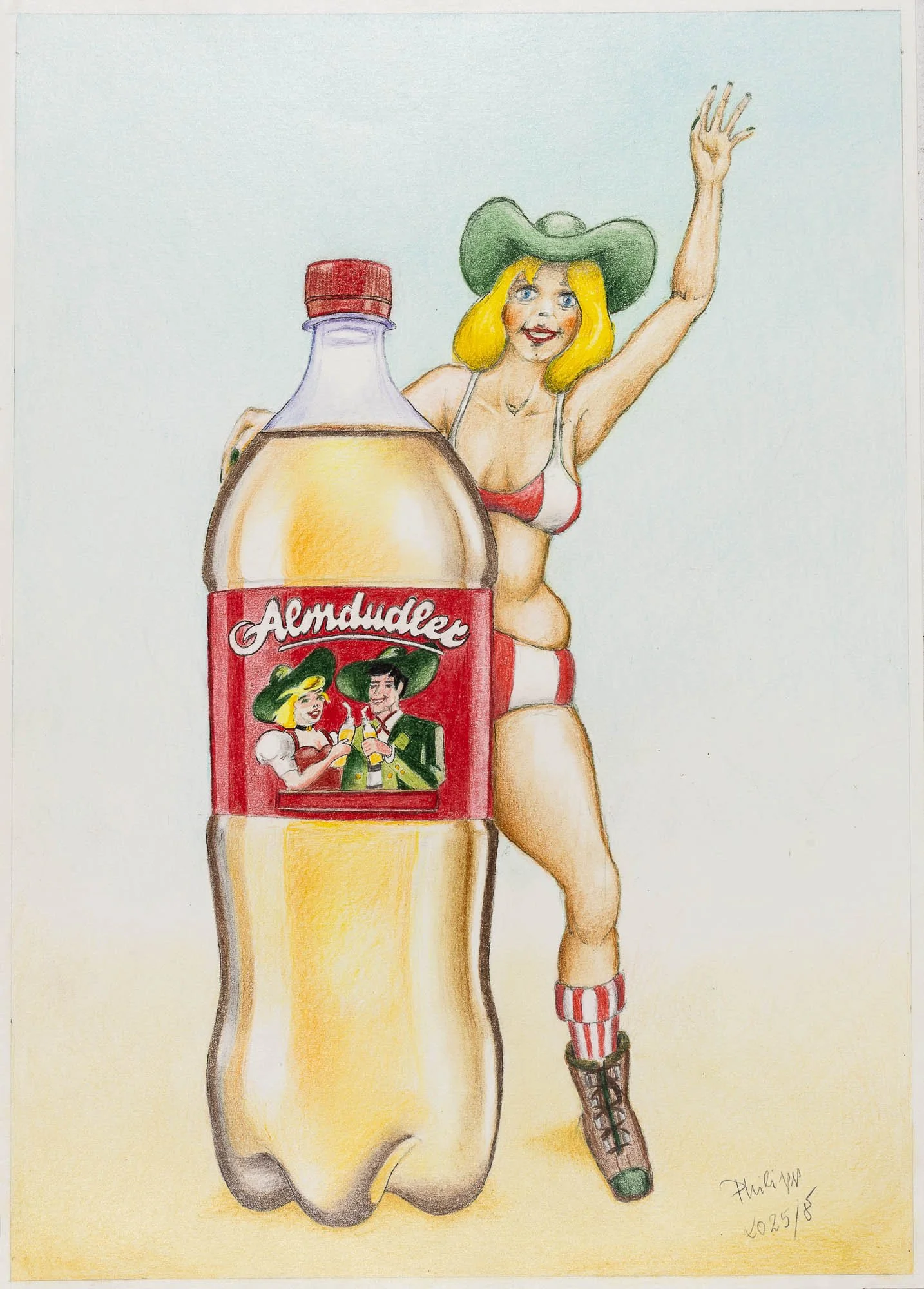 Zeichnung einer blonde Frau in Dirndl und Cowboystiefeln, die neben einer großen Flasche Almduder steht, die ein Etikett mit einem Paar in Trachten zeigt.