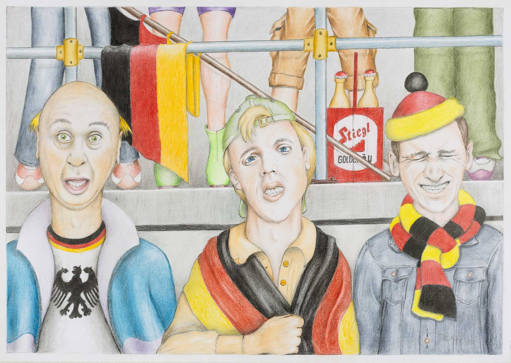 Zeichnung von drei Menschen in Deutschland Fans, die für das deutsche Nationalteam sind, mit Deutschland Farben und Fanartikeln, im Hintergrund Bierzapfanlage, Bierflaschen, deutsches Fahnentuch, mit humorvollen übertriebenen Gesichtsausdrücken.