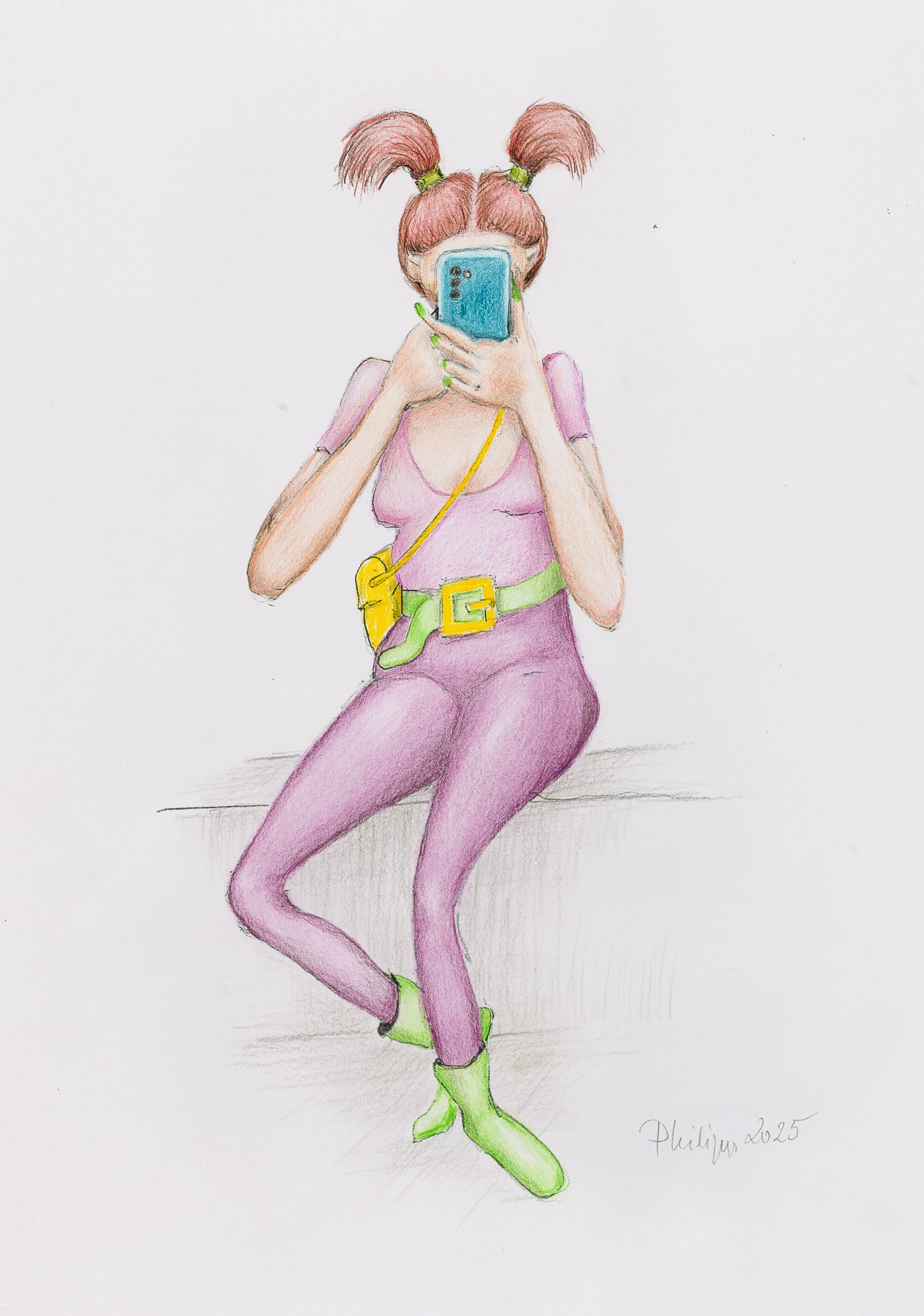 Handgezeichnete Illustration einer jungen Frau in pinkem Outfit mit grünen Akzenten, die ein Handy benutzt, während sie auf einer Oberfläche sitzt, mit Pigtails und buntem Look.