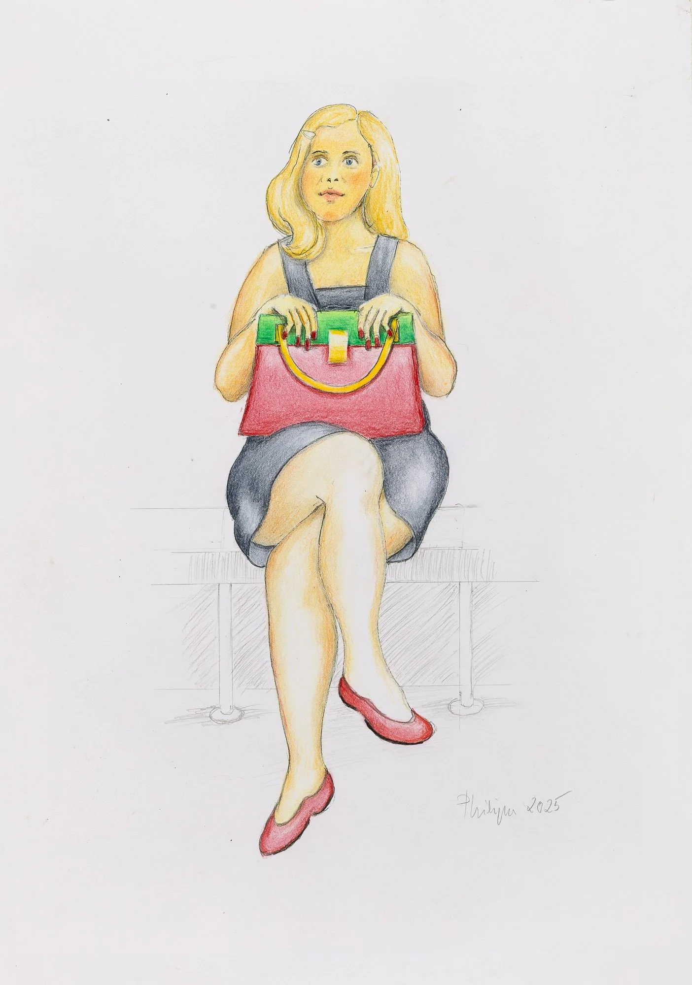 Aquarellzeichnung einer sitzenden Frau mit blonden Haaren, schwarzem Kleid, roten Schuhen und einer roten Tasche, die auf ihrem Schoß liegt.