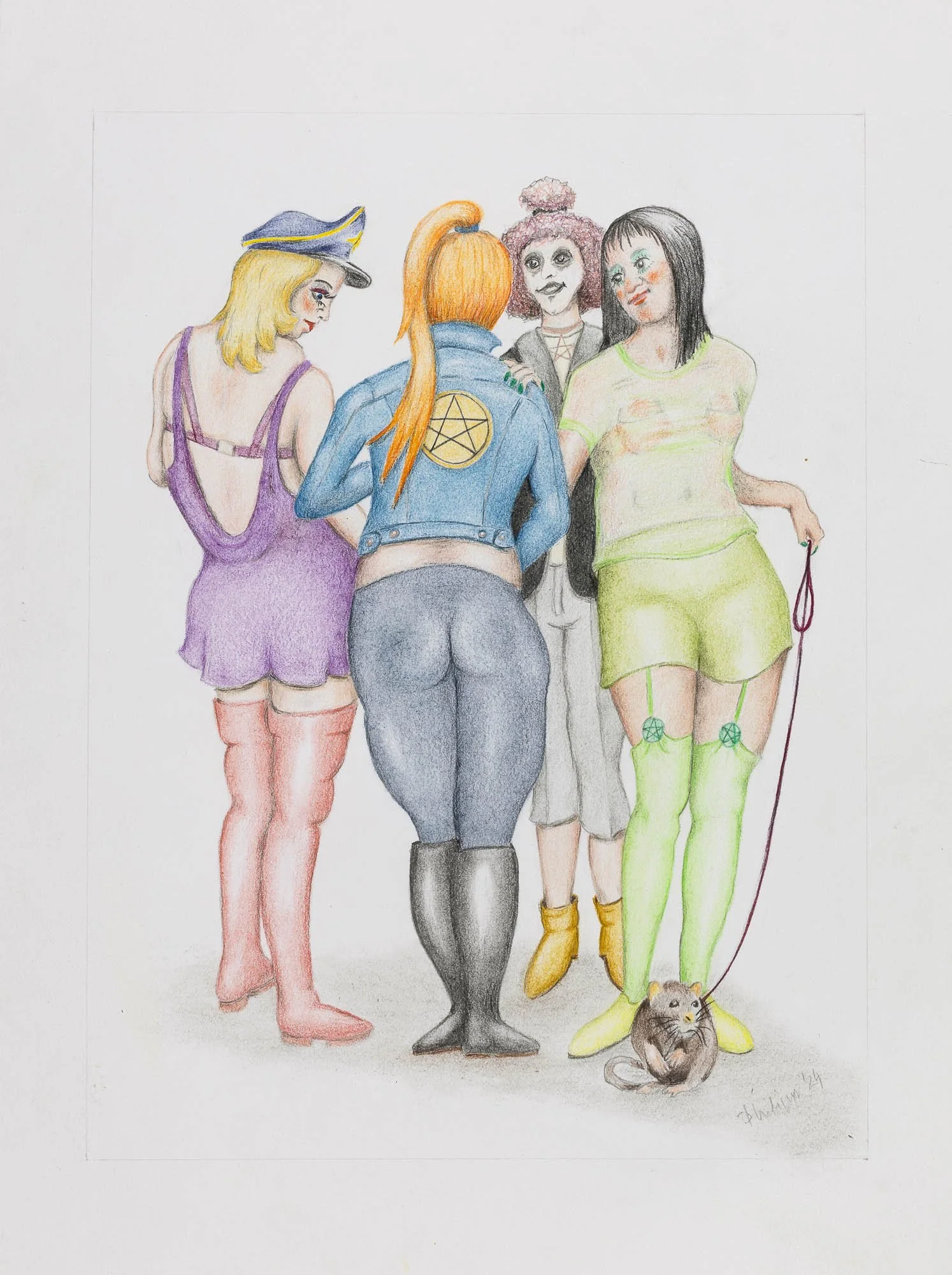 Zeichnung von vier Frauen in farbenfrohen Outfits, mit einer Ratte an der Leine.