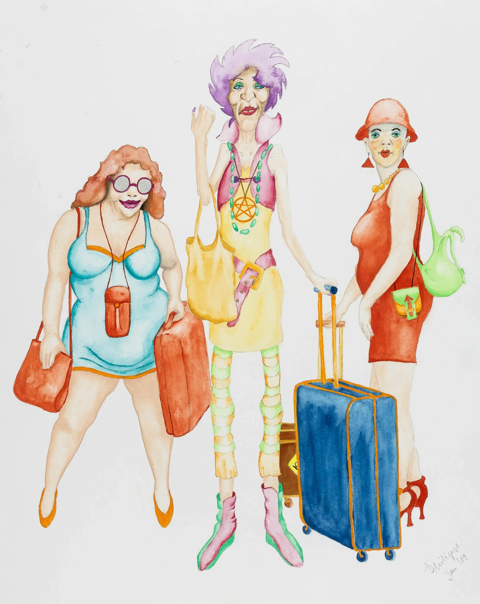 Illustration von drei Frauen mit großen Taschen und Koffern, in bunten Outfits, auf Reisen, mit fröhlichen Gesichtsausdrücken.