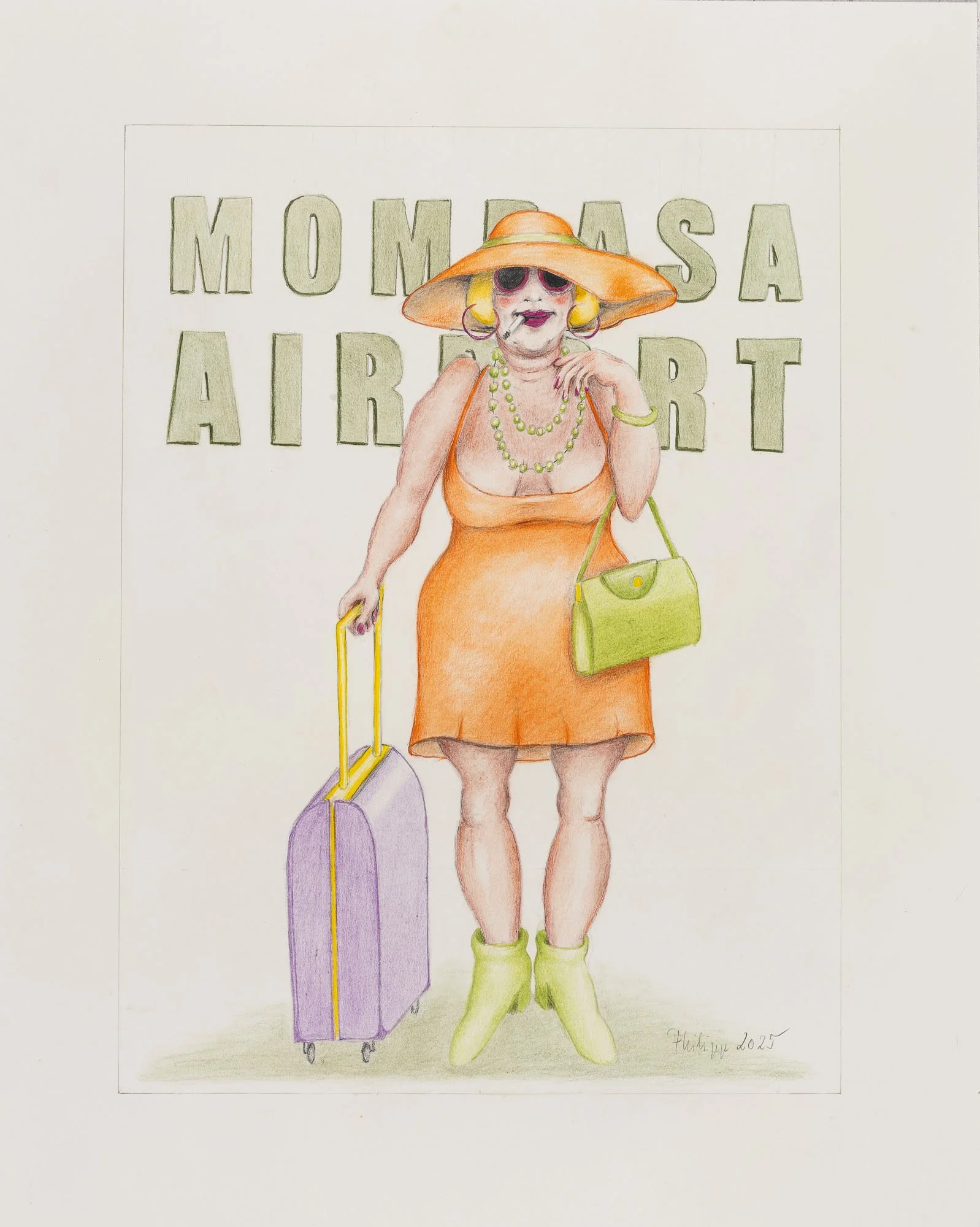 Zeichnung einer älteren Frau in sommerlicher Kleidung mit Hut, Sonnenbrille, Schmuck, einer Zigarettenspitze im Mund, Handtasche, Rollkoffer und in leuchtenden Farben, vor dem Hintergrund mit dem Text "MOMMASA AIRPORT".