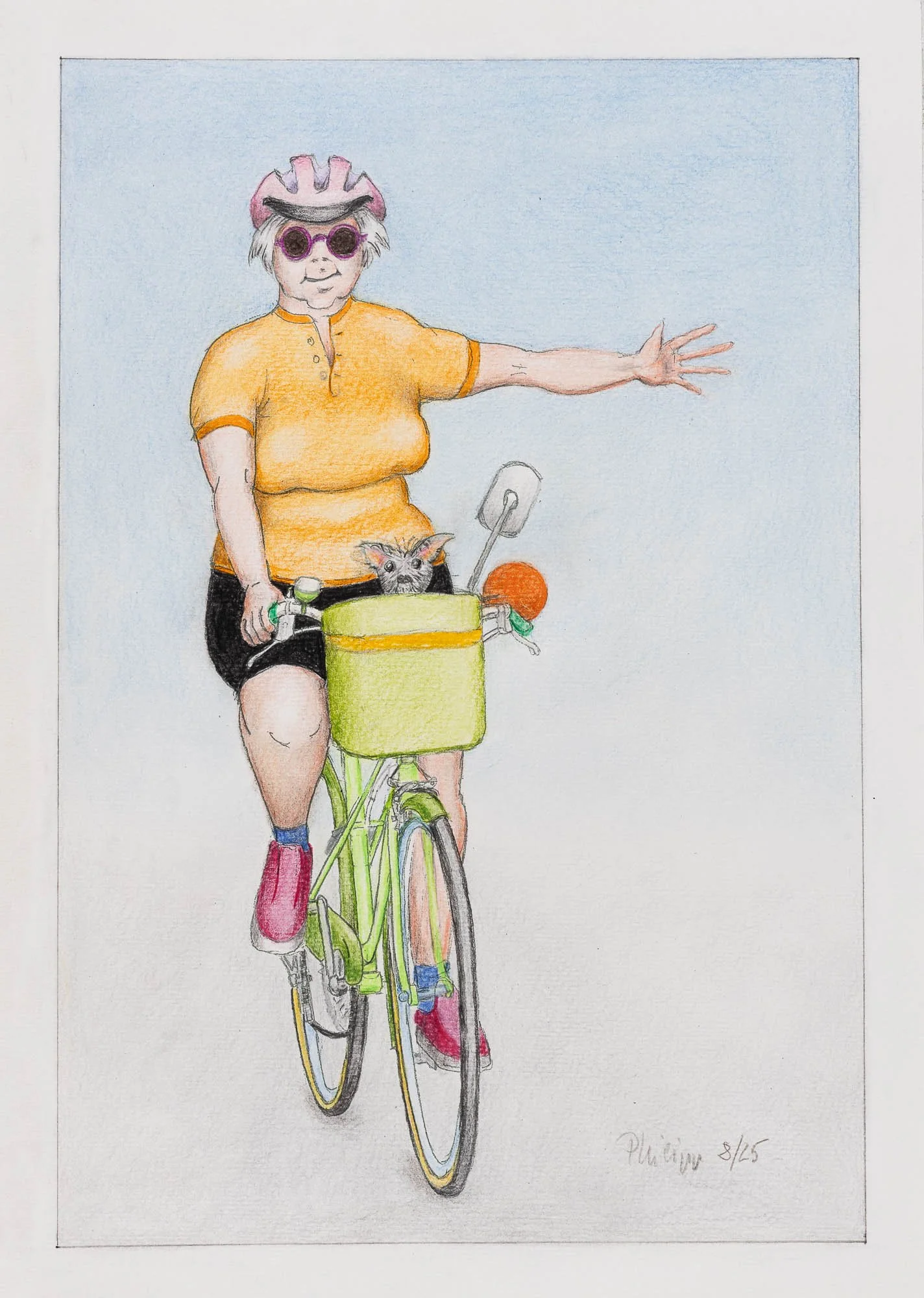 Zeichnung einer älteren Frau in Fahrradkleidung, mit Helm, Sonnenbrille und Fahrrad, auf dem Fahrrad sitzt ein Kätzchen im Korb.