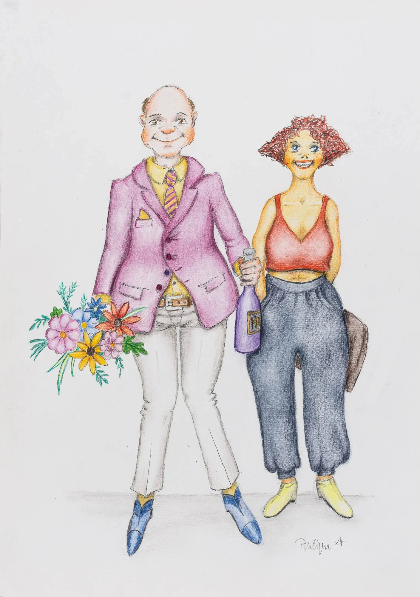 Zeichnung zweier fröhlicher Menschen, ein Mann in einem pinken Anzug mit Blumen in der Hand und eine Frau mit roten lockigen Haaren in einer roten Top und schwarzen Hosen, beide lachen.