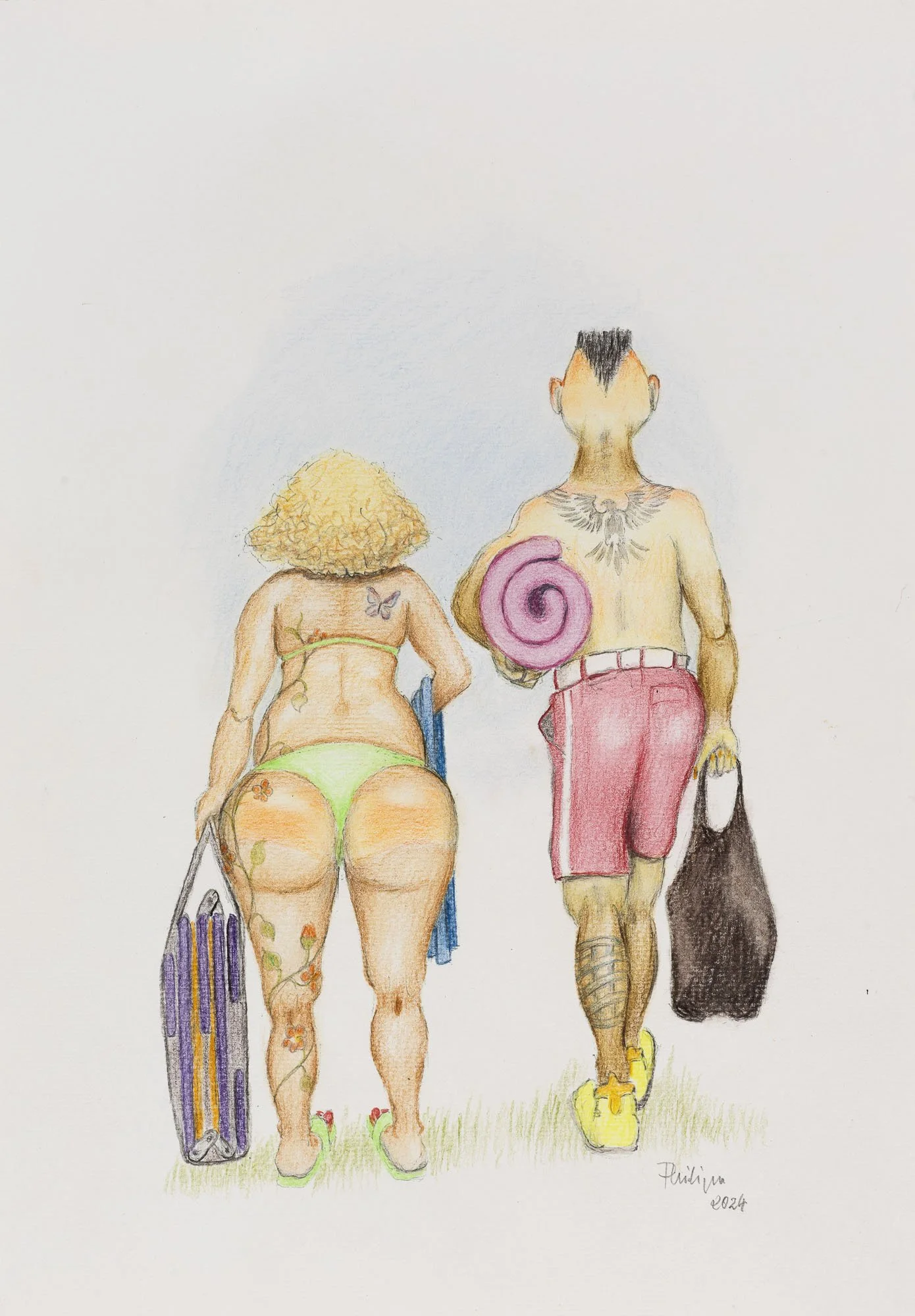 Zeichnung von einem Mann und einer Frau, die mit ihren Rückseiten zueinander stehen, am Strand. Das Mädchen trägt Badebekleidung mit Blumen, hat lockiges Haar und trägt eine Strandtasche. Der Mann trägt Badehose, hat Tattoos und trägt eine Ziehharmon