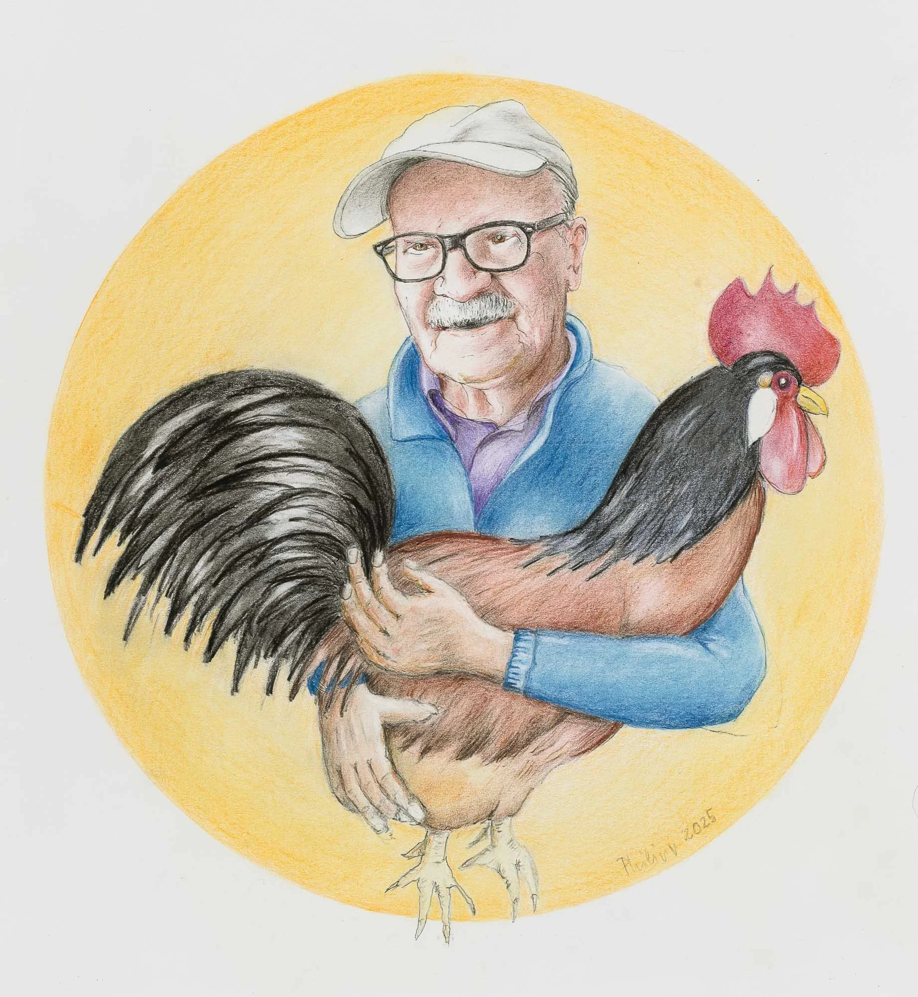 Eine Zeichnung eines Mannes mit Brille, grauem Haar und einem weißen Hut, der ein Huhn hält, vor einem gelben Hintergrund.