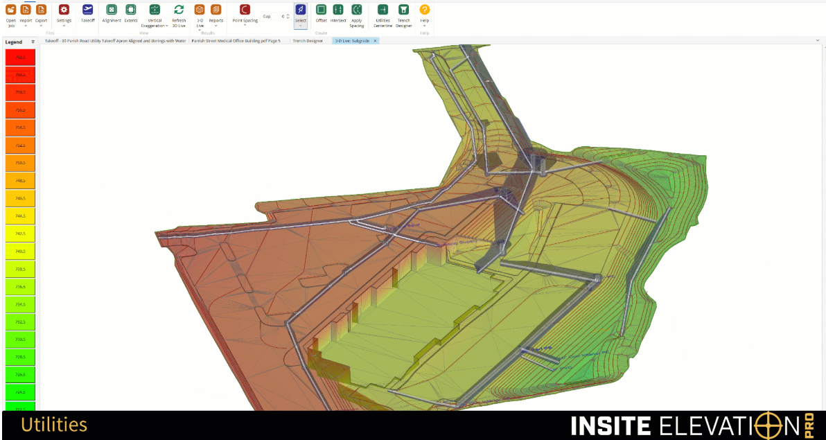 A detailed 3D topographic and engineering plan of a utility or infrastructure project, featuring graded terrain, pipe systems, and color-coded elevation data on a computer screen.