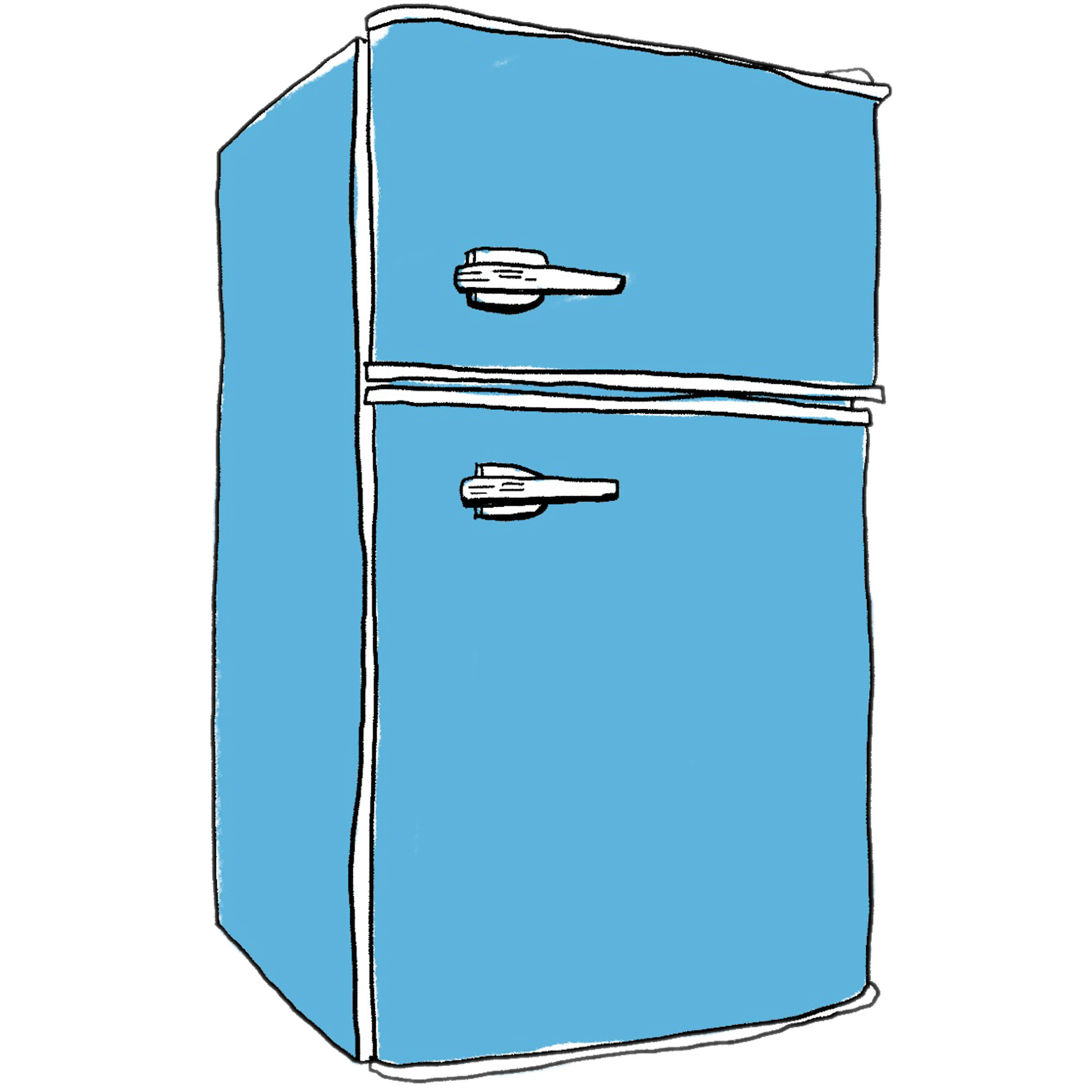 A two-door vintage refrigerator with a blue exterior and silver handles, shown from a side angle.