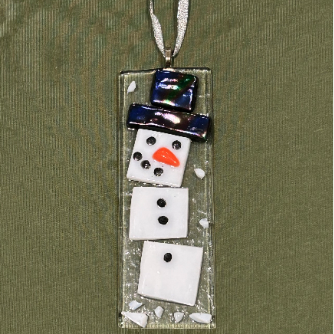 12/6 Fused Glass Snowman Ornament by Linda Hilterbrandt