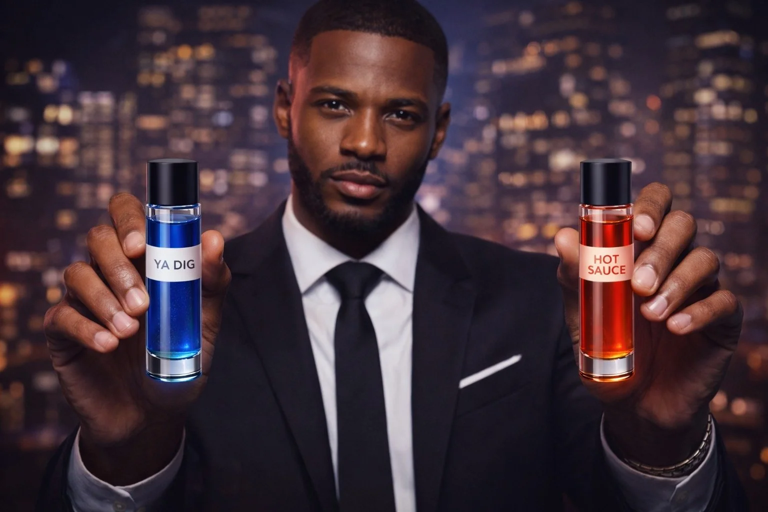 A man in a suit holding two small bottles labeled 'Ya Dig' and 'Hot Sauce' against a city skyline at night.
