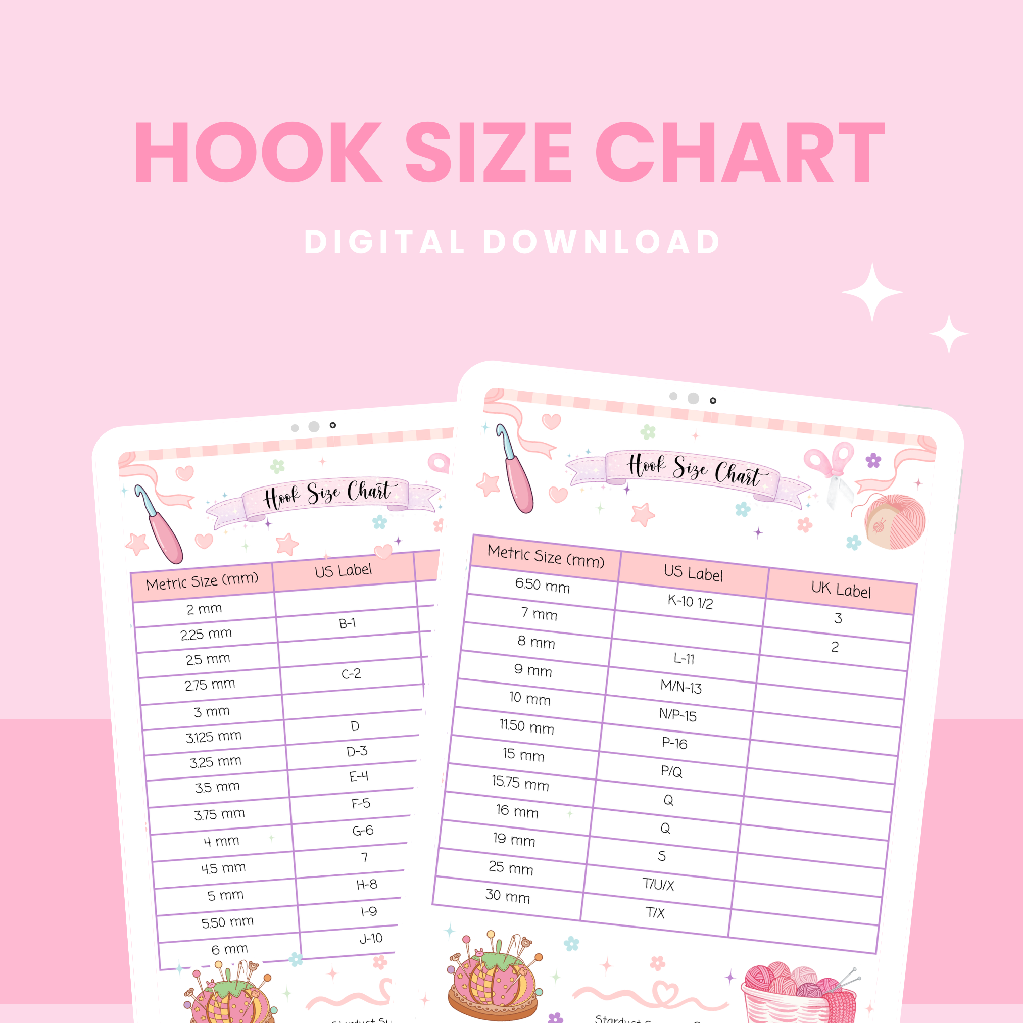 Digital Download Crochet Hook Size Chart